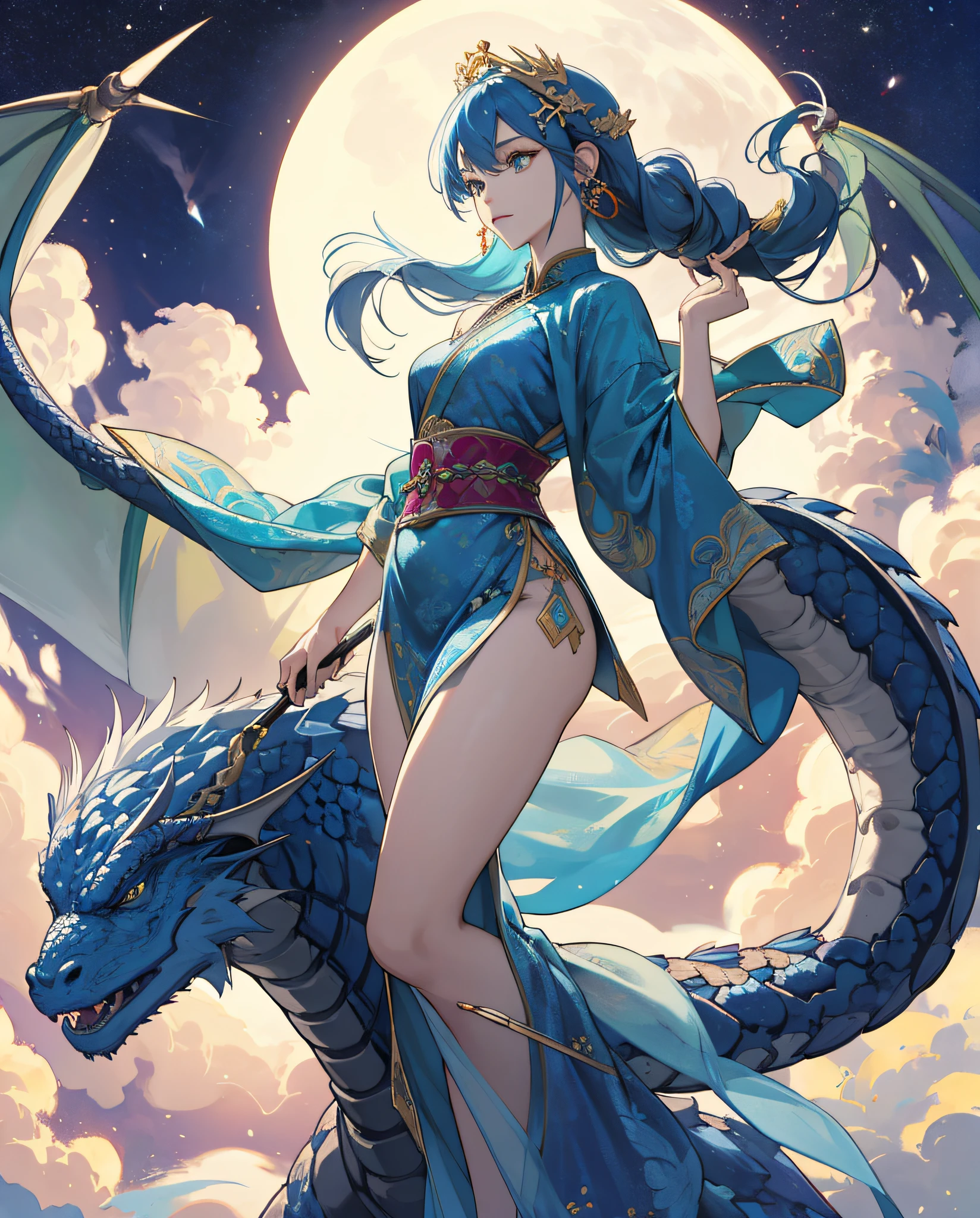 Masterpiece, Best quality, 8K, high detal, Ultra-detailed,A young girl, wearing a blue ancient dress and a dragon-patterned jade hairpin, has exquisite facial features and a determined expression. She was standing on an ancient dragon, surrounded by a cloud of auspicious clouds. As night fell, the moonlight shone on them, forming a beautiful scenery. From a distance, the figure of the girl and the dragon dancing in the moonlight seemed like a beautiful painting.