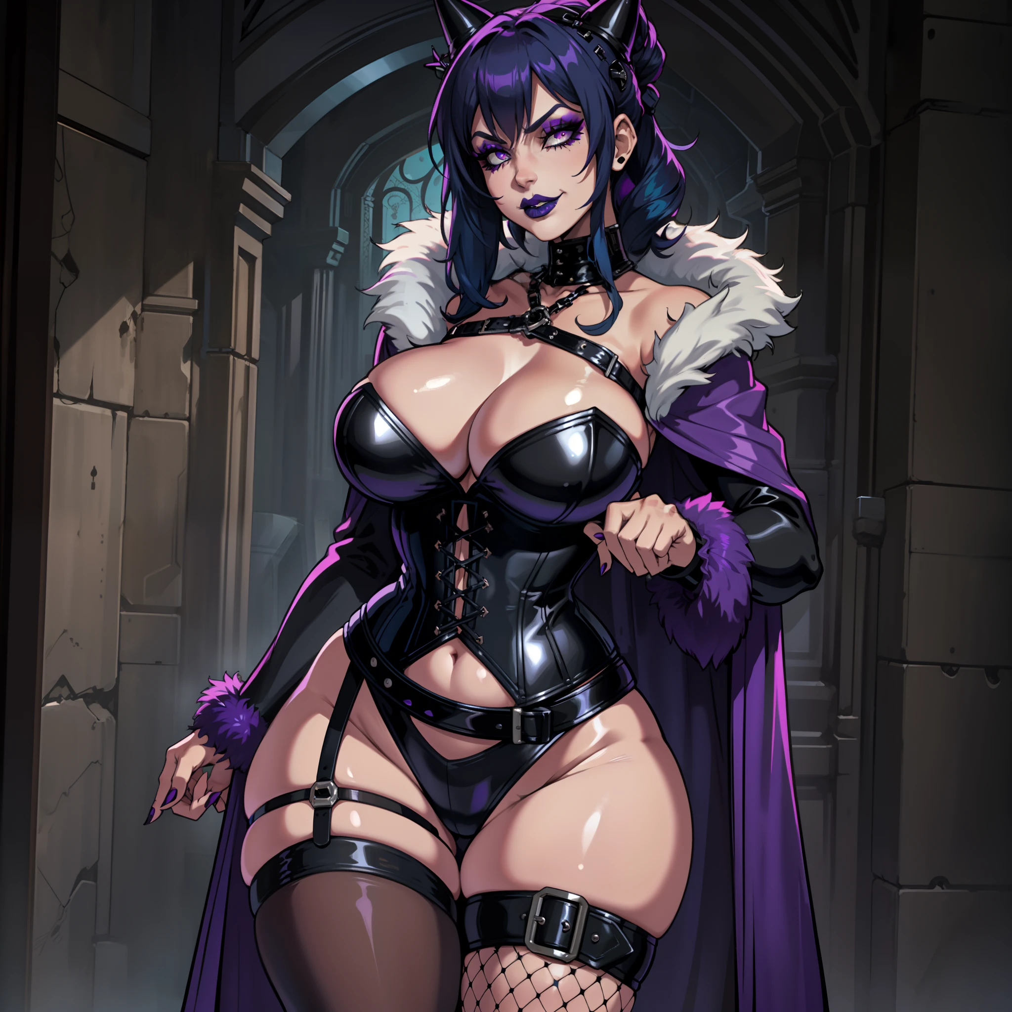 thicc Gothic female wearing sexy fur lined robe with sexy purple dress under it, has blue hair, thicc, wearing fishnets, nsfw, lewd, black lipstick, dominatrix aesthetic, BDSM gear, dominant, evil, sensual grin, wearing corset with bustier, rivets, wearing thigh high combat boots, solo, alone, (SOLO)(ALONE)