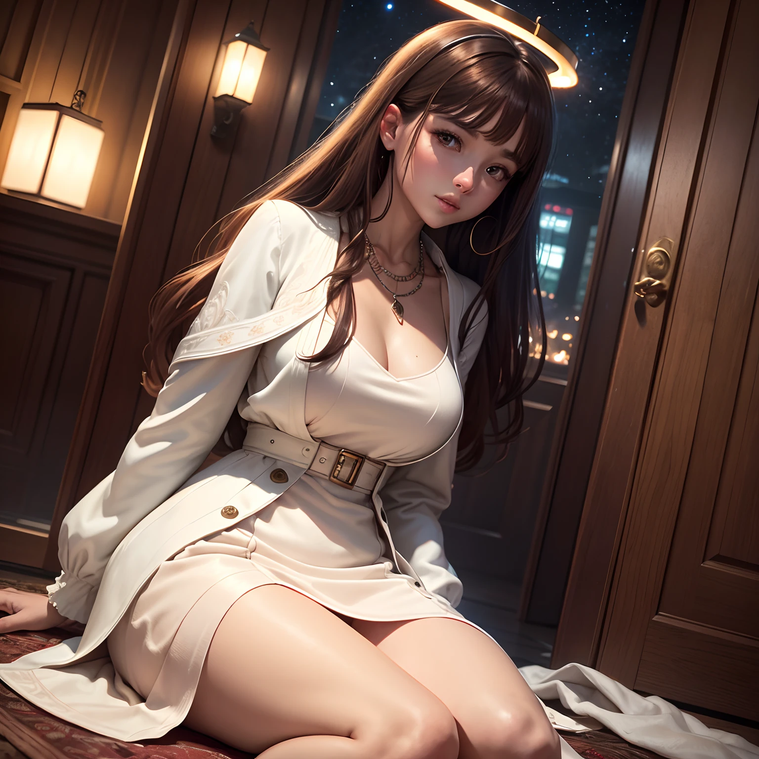 High detail CG,rich details,Under the stars at night,Dress normally,White coat,Successful girls,Wear an exaggerated necklace,Brown hair long,sat on the ground,Stretching,The body exudes a white glow,The art of clocking in