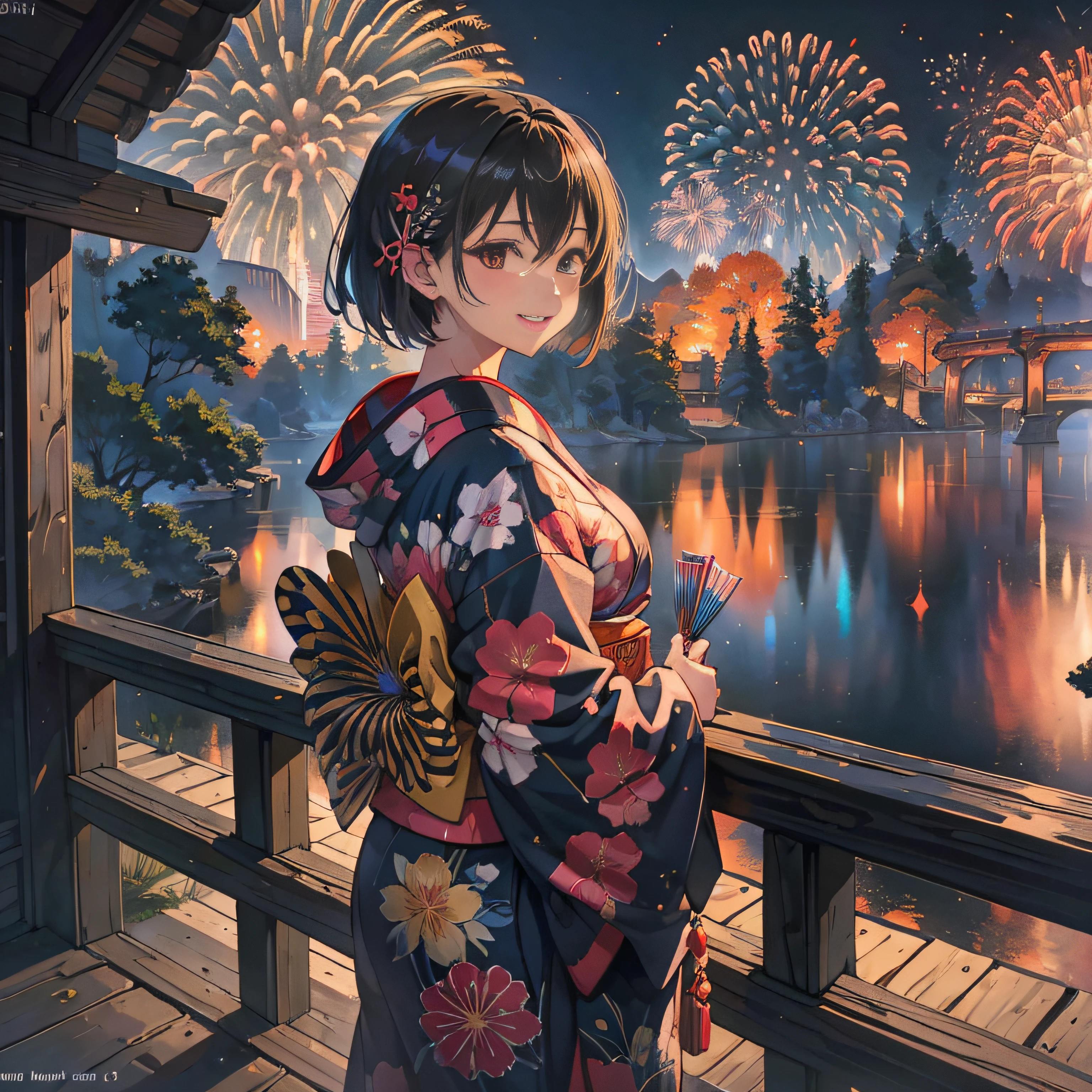 Absurd resolution, High resolution, (masutepiece: 1.4), super detailed, (1 woman: 1.3), (Solo: 1.4), Fireworks, a short bob, a short bob, Kimono, Looking back, Closing eyes, Smiling, light, Shinkai Makoto style, Super close-up of the face, Ultra-fine illustration, Vivid colors, Cinematic Light, Exciting light production, Attention to detail, Vivid colors, hair pin, Kimono, Large side-breasted, Looking back, Happy, Smile, From below, --auto