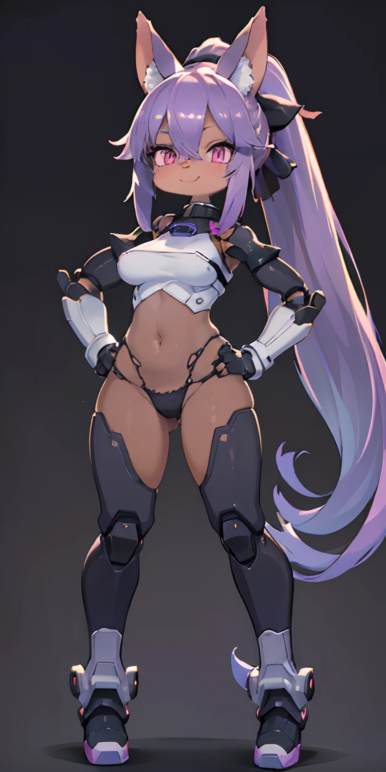 1girl, android, animal ear fluff, animal ears, bangs, breasts, dark-skinned female, dark skin, full body, gradient, gradient background, gray background, hair between eyes, hand on hip, joints, long hair, looking at viewer , navel, pink eyes, ponytail, purple hair, robot joints, smile, solo, standing, very long hair