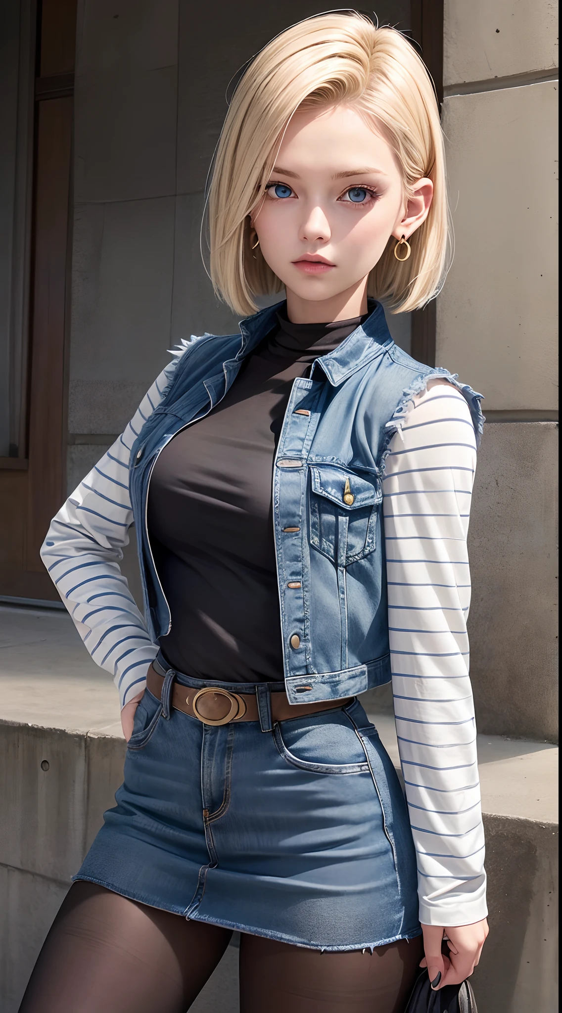 Best Quality, hight resolution, and18, 1girl in, Android 18, Solo, Blonde hair, Blue eyes, Short hair, earrings, Jewelry, Denim Vest, open vest, Black pantyhose, Black shirt, jean skirt, Striped long sleeves, Blue skirt, medium breasts, Cowboy Shot, Street, (Externally expanded Chest: 1.2)