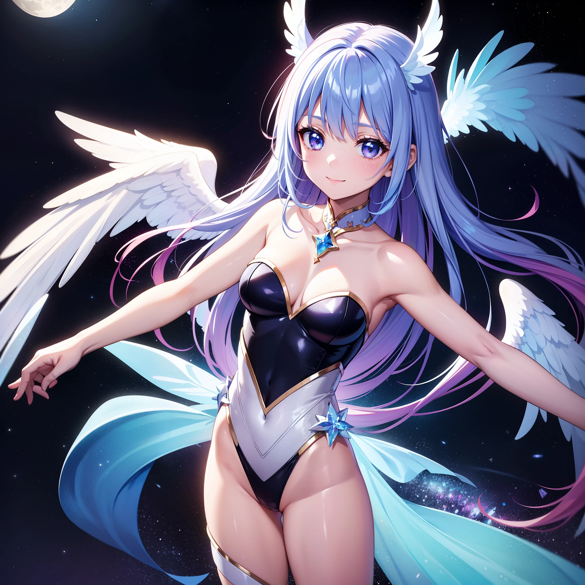 Super Idol a beauty girl On the back are iridescent angel wings A charming smile sky blue hair length hair Twin-tailed Glittery bright pink and white and blue and yellow leotards facing front Angel aura in the background Mystical Fantasia constellation a moon Crystal Brilliance Aurora Borealis in the Night Sky