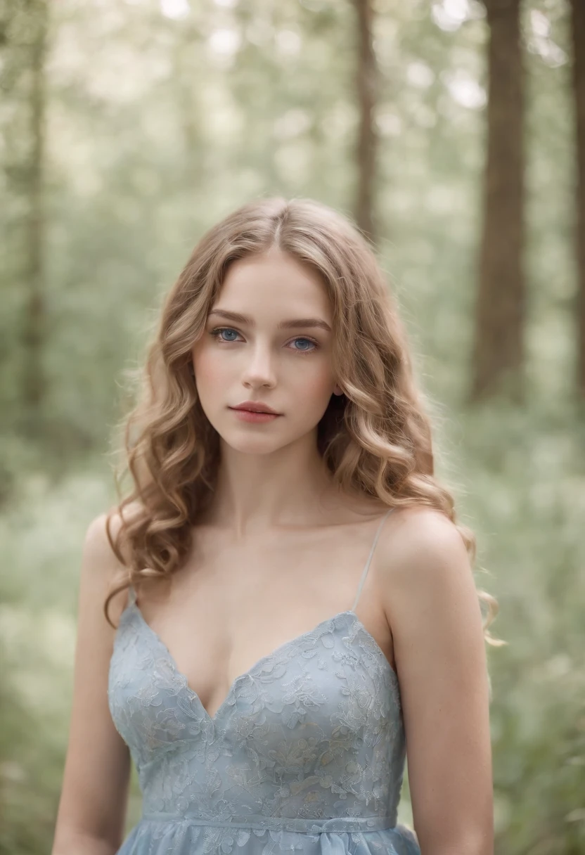 "Full body portrait of a charming 18 year old women with curly light hair, petite figure, beautiful face, captivating blue eyes, and modest bust size, showcasing her natural beauty."