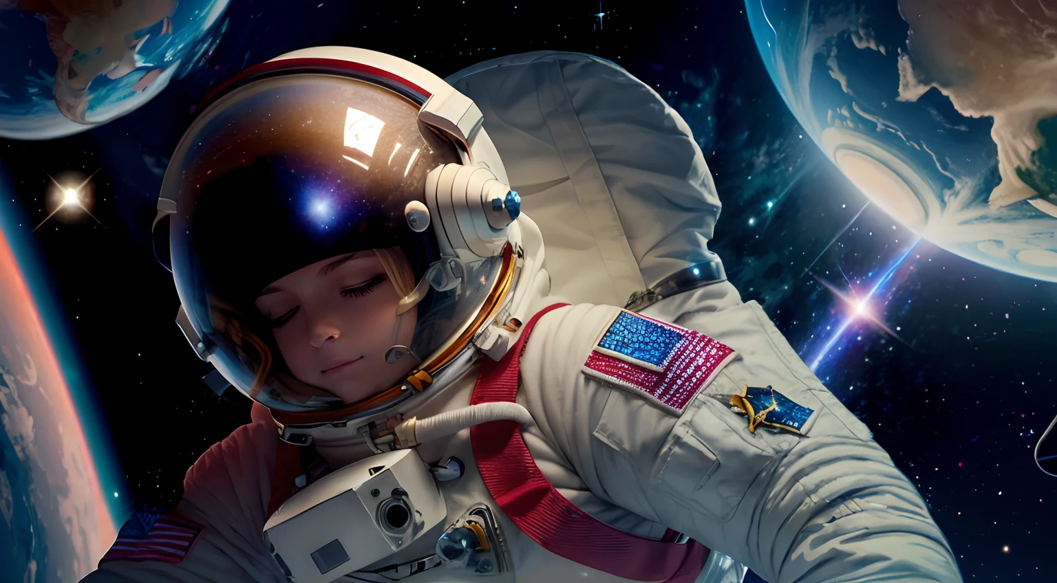 female astronaut floating in space, eyes open halfway, she has a space suit on and a space helmet, you can see her eyes open halfway wearing headphones with the helmet on, blond hair, stars in the background are twinkling, planets in the background are rotating