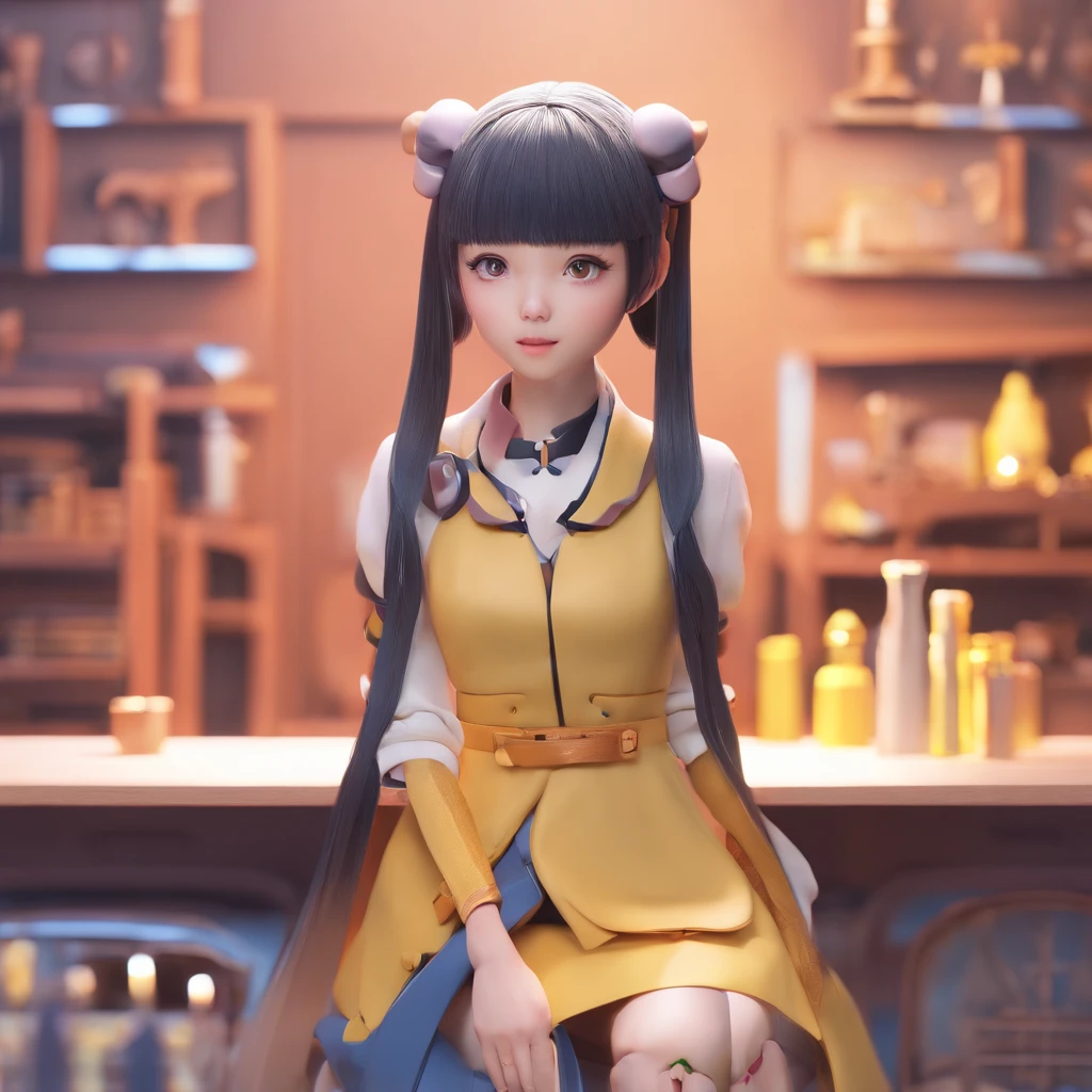 Soft clay character style:Masterpiece artificial empathy, Full body view, Close up of doll in mechanical fantasy style costume, full bodyesbian,Black hair,Don't get too big with dark eyes,The tip of the nose is reddish,with a melancholy expression,Simple rubber texture clothes,Soft clay material,anime styled 3d, 8k high-quality detailed art, Stylized anime, 3 d render stylized, Cute detailed digital art, lovely art style, Mechanical fantasy style background,8K, cute 3 d render, render of a cute 3d anime girl, Anime Stylization, adorable digital art,Soft lighting,The light is dim and yellow,,Sense of light and shadow,
