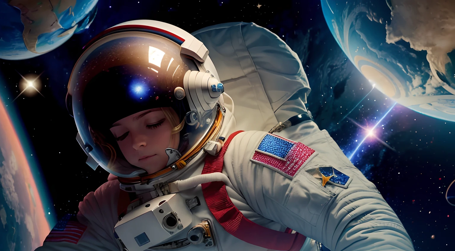 female astronaut floating in space, eyes open halfway, she has a space suit on and a space helmet, you can see her eyes open halfway wearing headphones with the helmet on, blond hair, stars in the background are twinkling, planets in the background are rotating