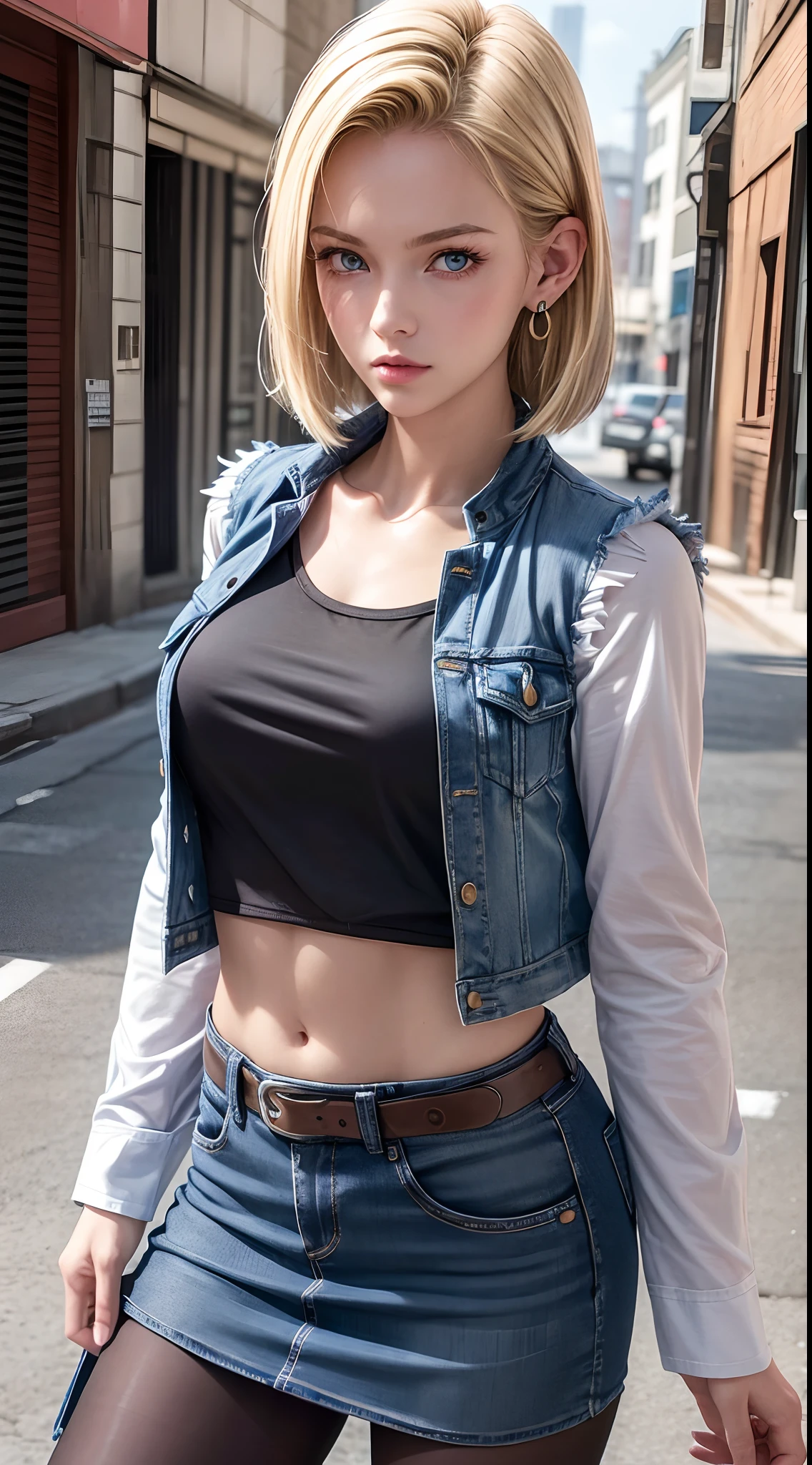 Best Quality, hight resolution, and18, 1girl in, Android 18, Solo, Blonde hair, Blue eyes, Short hair, earrings, Jewelry, Denim Vest, open vest, Black pantyhose, Black shirt, jean skirt, Striped long sleeves, Blue skirt, medium breasts, Cowboy Shot, Street, (Externally expanded Chest: 1.2)