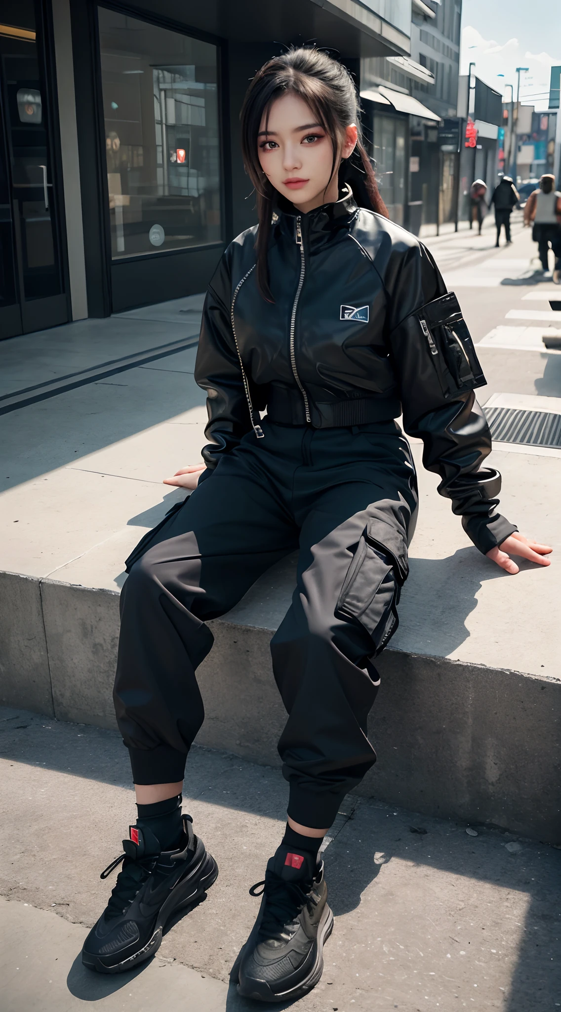 8K, RAW photos, Best quality, Masterpiece: 1.2),(best qualtiy，8K, Yes，32K，masterpiece，hyper HD：1.2) , 20 years old, arafed girl sitting on a ledge with his feet up, 2 techwear women, wearing japanese techwear, photograph of a techwear woman, wearing urban techwear, techwear look and clothes, cargo pants. cyberpunk city, wearing cyberpunk streetwear, techwear clothes, wearing space techwear, techwear fashion, cyberpunk streetwear, she is wearing streetwear