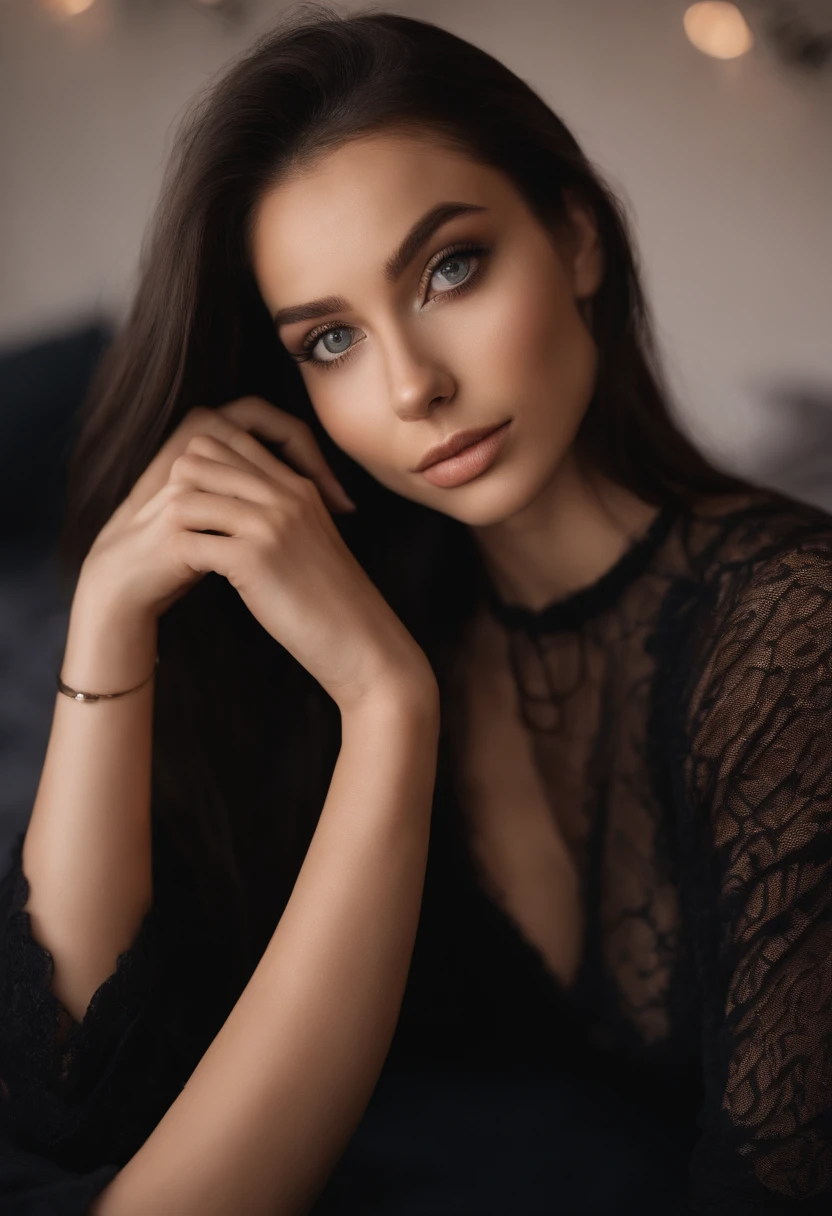 sexy girl with green eyes, portrait sophie mudd, brown hair and large eyes, selfie of a young woman, bedroom eyes, violet myers, without makeup, natural makeup, looking directly at the camera, face with artgram, subtle makeup, stunning full body shot, piercing green eyes, girl in suede boots and black dress in club