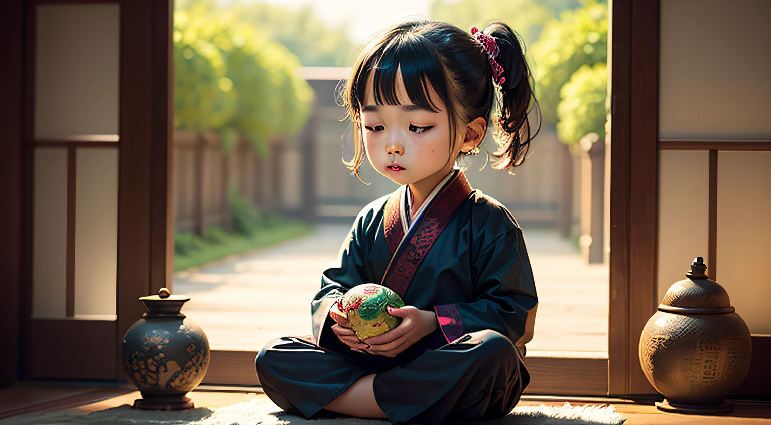 Meditating , oriental face, cute