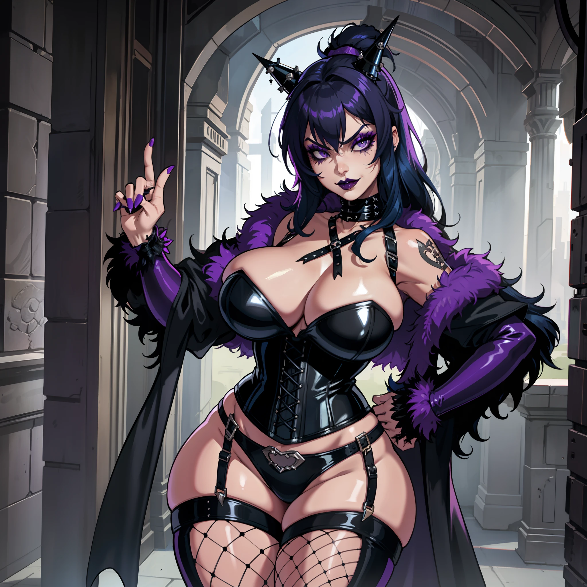 thicc Gothic female wearing sexy fur lined robe with sexy purple dress under it, has blue hair, thicc, wearing fishnets, nsfw, lewd, black lipstick, dominatrix aesthetic, BDSM gear, dominant, evil, sensual grin, wearing corset with bustier, rivets, wearing thigh high combat boots, solo, alone, (SOLO)(ALONE)