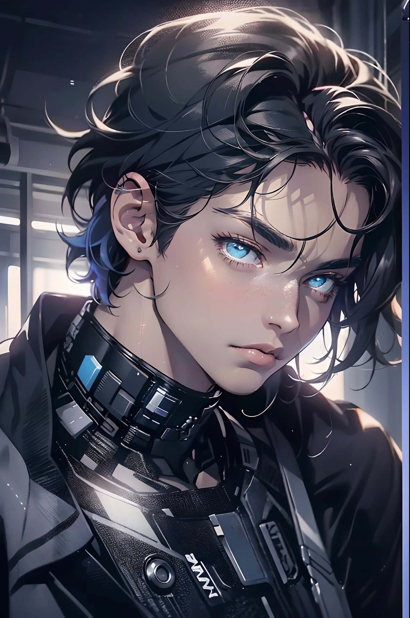 （cyber punk perssonage：1.3） ， Black pantsuit， Black T-shirt with， melancholy lighting， A tranquil， peacful， luminance， tmasterpiece， best qualityer， （Ultra photo realsisim：1.3）， （tmasterpiece：1.4）， best qualtiy， （（realisticlying））， high high quality， ultra - detailed， （（Authentic images））， （（Realistic skin））， （（photorealiscic face））， （illustratio：1.05）， （Handsome：1.05）， （beatiful detailed eyes：1.05）， （cinematric light：1.1）， Blue in the detachment， perfect whole body，Black and blue clothes，White sneakers，（Handsome male），(perfect male figure), short detailed hair，Detailed face, Perfect face, (The stands up), Detailed background, ((Bonifasko lighting)), (Detailed eyes), perfect pupils