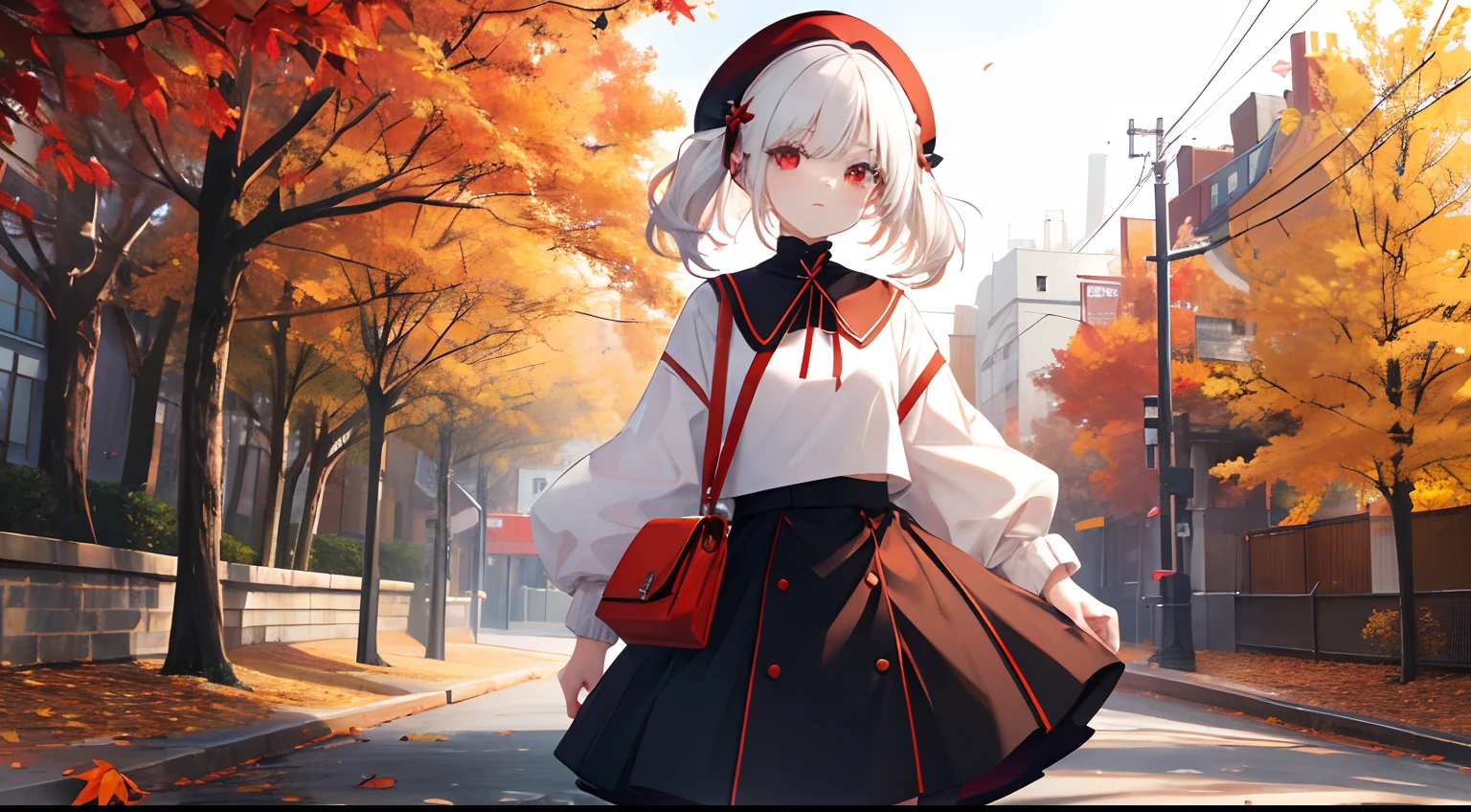 {high quality}, low angle shot, 1girl, {white hair}, {red eyes}, {low angle shot, 1girl, {white hair}, {red eyes}, {brown sweater}, {long dark blue skirt}, {orange beret}, {park}, {fall}, {fall},