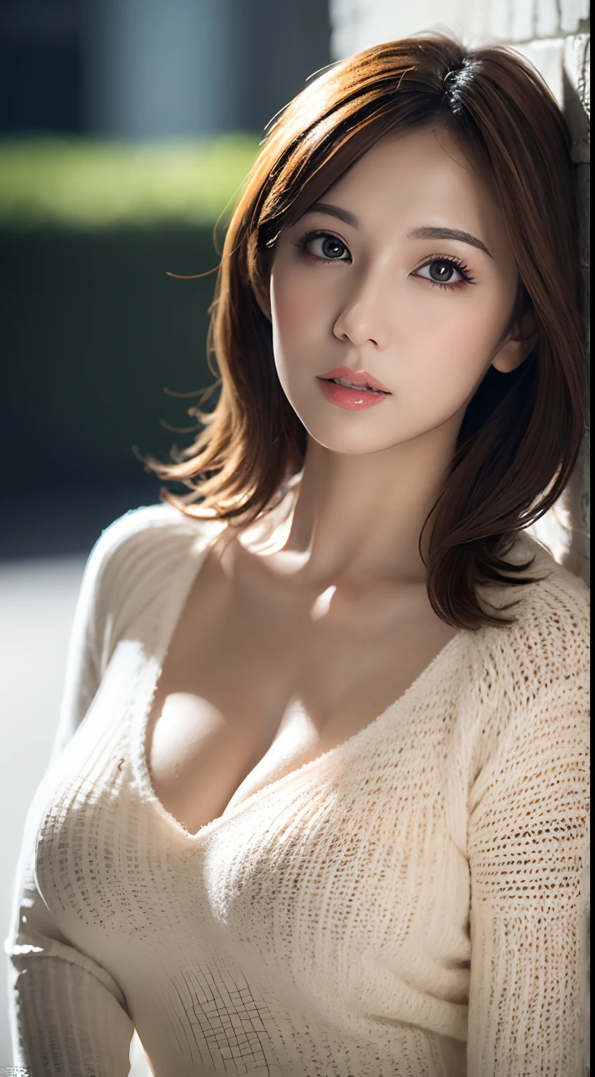 masutepiece, Best Quality, Illustration, Ultra-detailed, finely detail, hight resolution, 8K Wallpaper, Perfect dynamic composition, Beautiful detailed eyes, medium hair,Natural Lip, sexy knitted dress , Big breasts, cleavage, Random sexy poses, full body,milf