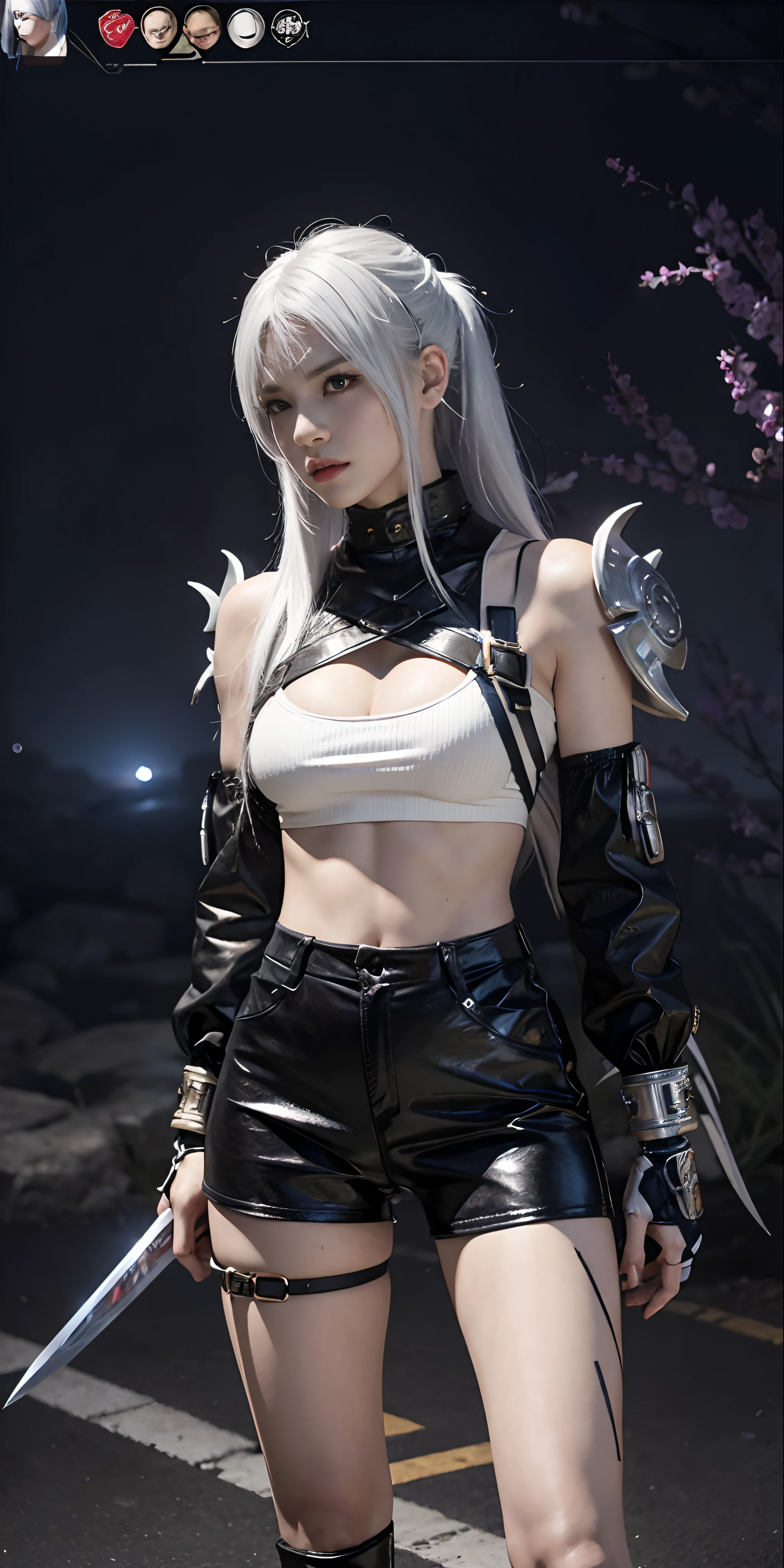 a close up of a person in a costume with a sword, as a character in tekken, female character, tifa lockhart with white hair, katana zero video game character, lunar themed attire, kda, slim body, cyborg - girl with silver hair, upper body avatar, fashion gameplay screenshot, fighting game character, new character, floralpunk elysian maiden, sigma female