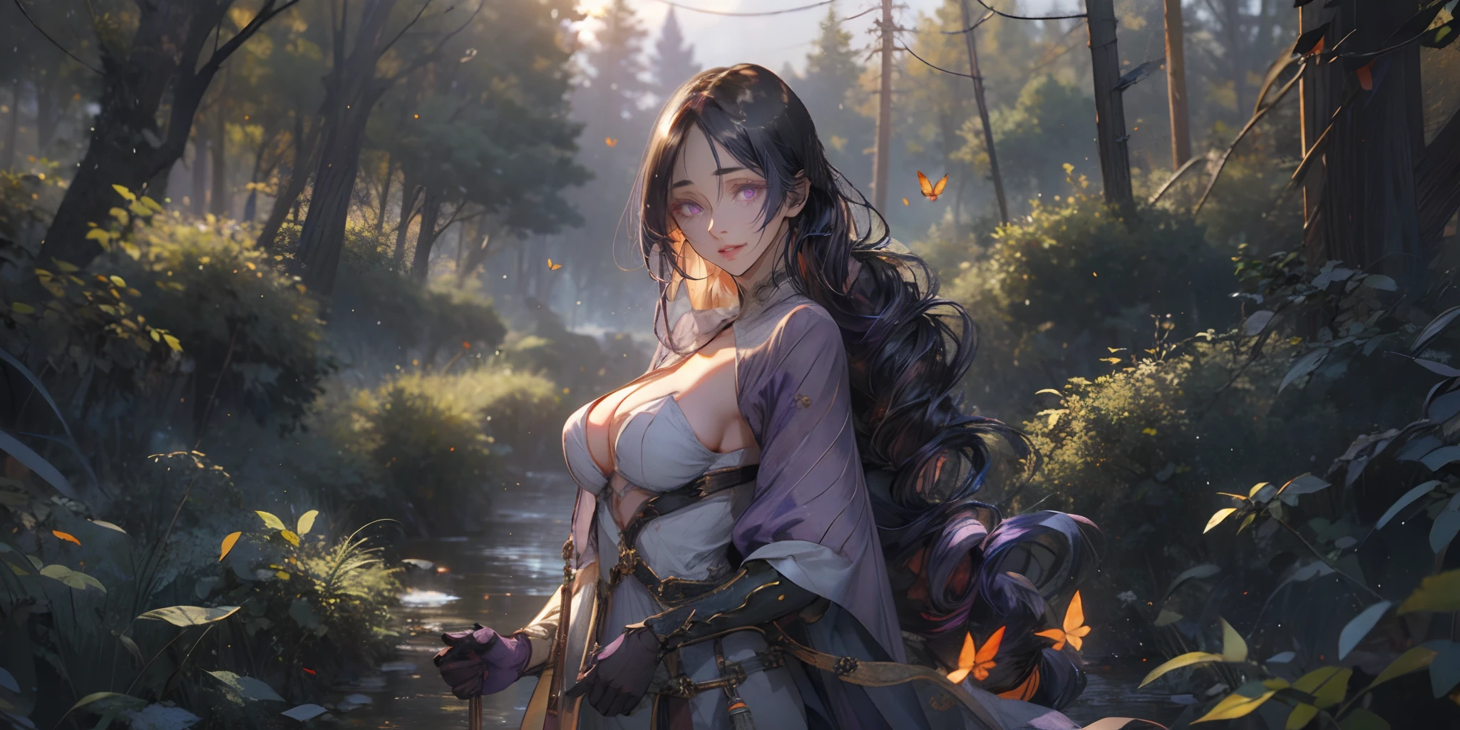 hmmr1, minamoto no raikou (fate), (dark-purple hair, long hair:1.7), purple eyes, fantasy scenery, 1girl, breasts, gloves, dress, cleavage, outdoors,solo, standing, tree, large_breasts, black_gloves, nature, looking_at_viewer, forest, butterfly, glow effects, godrays, Hand drawn, render, 8k, octane render, cinema 4d, blender, dark, atmospheric 4k ultra detailed, cinematic, Sharp focus, big depth of field, Masterpiece, colors, 3d octane render, 4k, concept art, trending on artstation, hyperrealistic, Vivid colors, extremely detailed CG unity 8k wallpaper, trending on CGSociety, Intricate, High Detail, dramatic, glowing eyes,