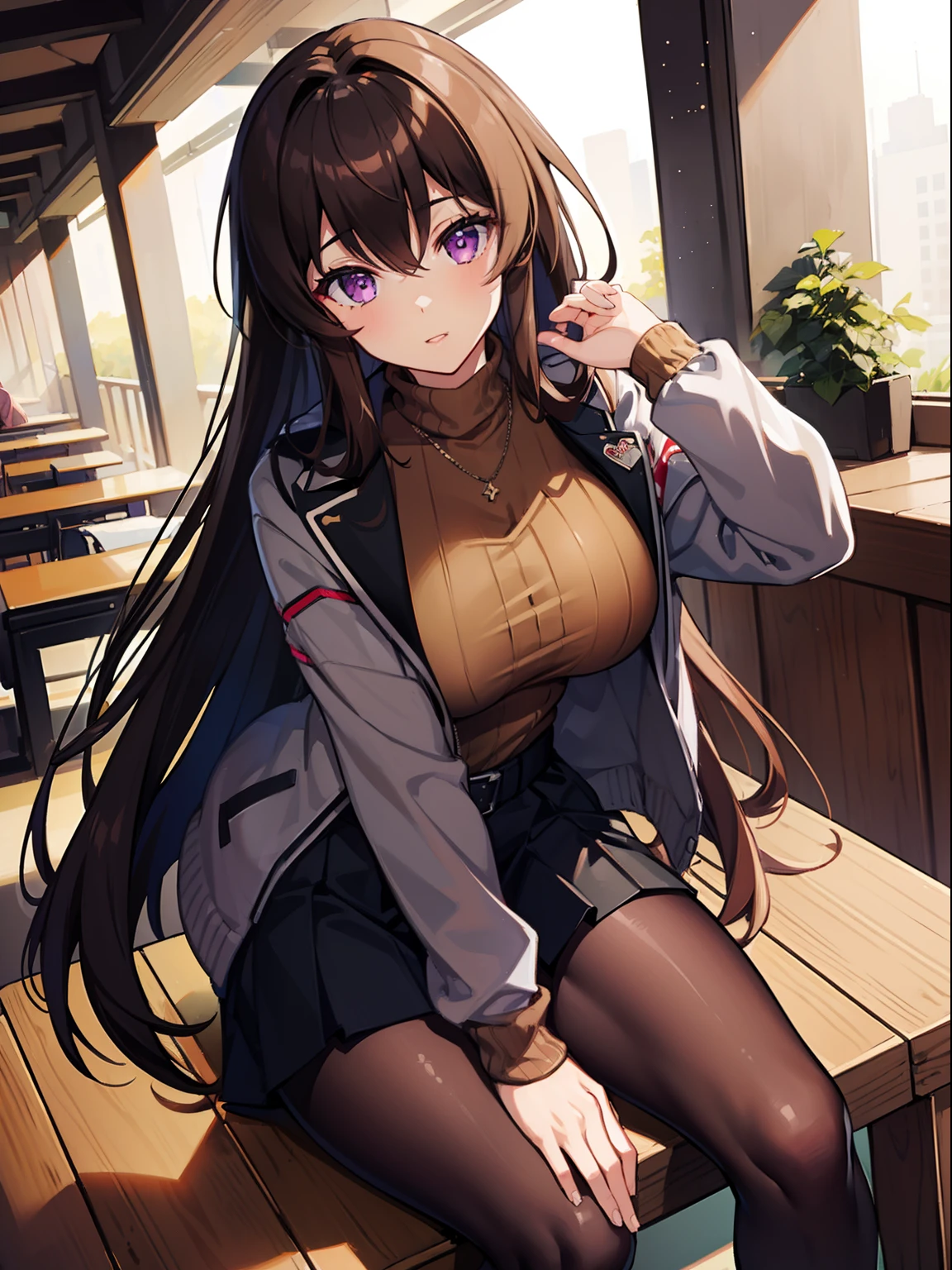 (((Best quality))), 1girl, brown hair, sweater, jacket, large breasts, purple eyes, long hair, defaultskin, skirt, pantyhose, Japanese