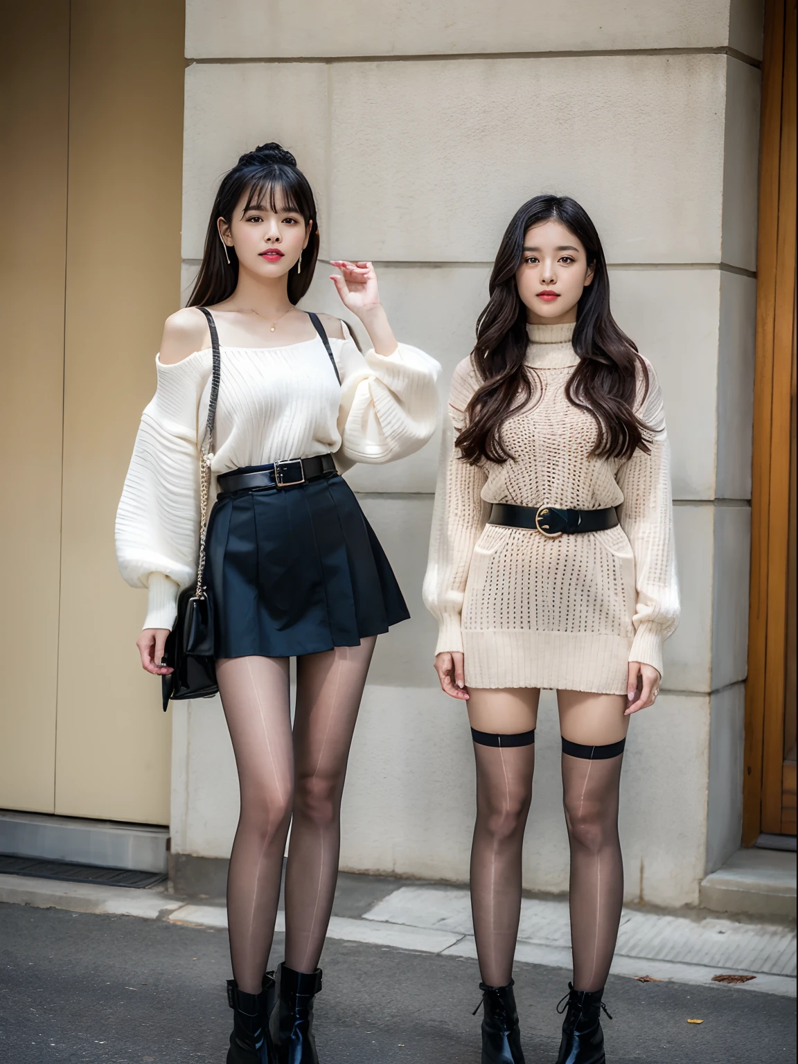 ピクシーカット、Slender beautiful girl、10th Generation、see-through shirt、off shoulder、high west simple skirt、 Black knee socks、Platform boots、shibuya、