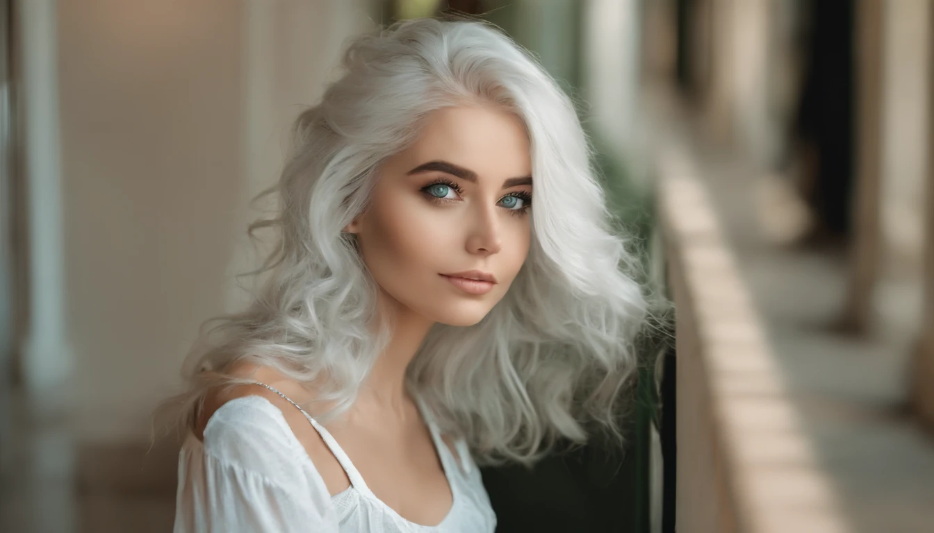 portrait of a beautiful young woman, ((silver hair)), wavy hair, small breasts, in bedroom, tee shirt, symmetrical, simple background, ultra high res, 8k