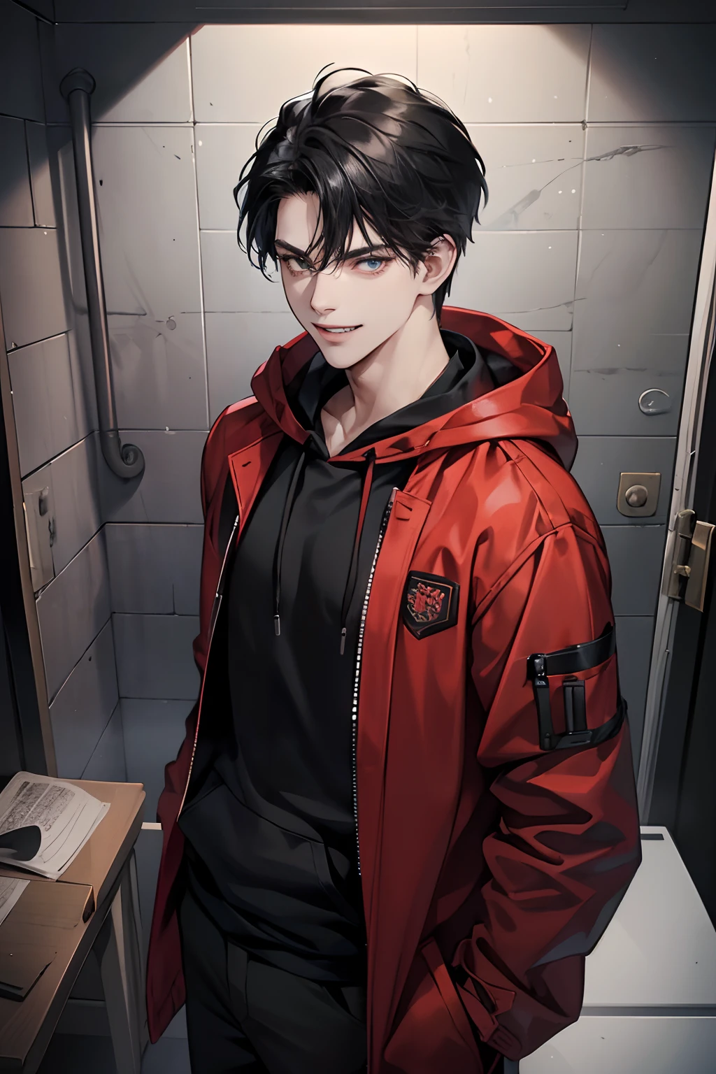 1 boy, Young male, Eyes looking at the camera, Perfect male body, (Red jacket, Black hoodie, wind coat, Evil smile, Straight black hair, Messy hair, jail cell, underground room), Ray tracing,half body