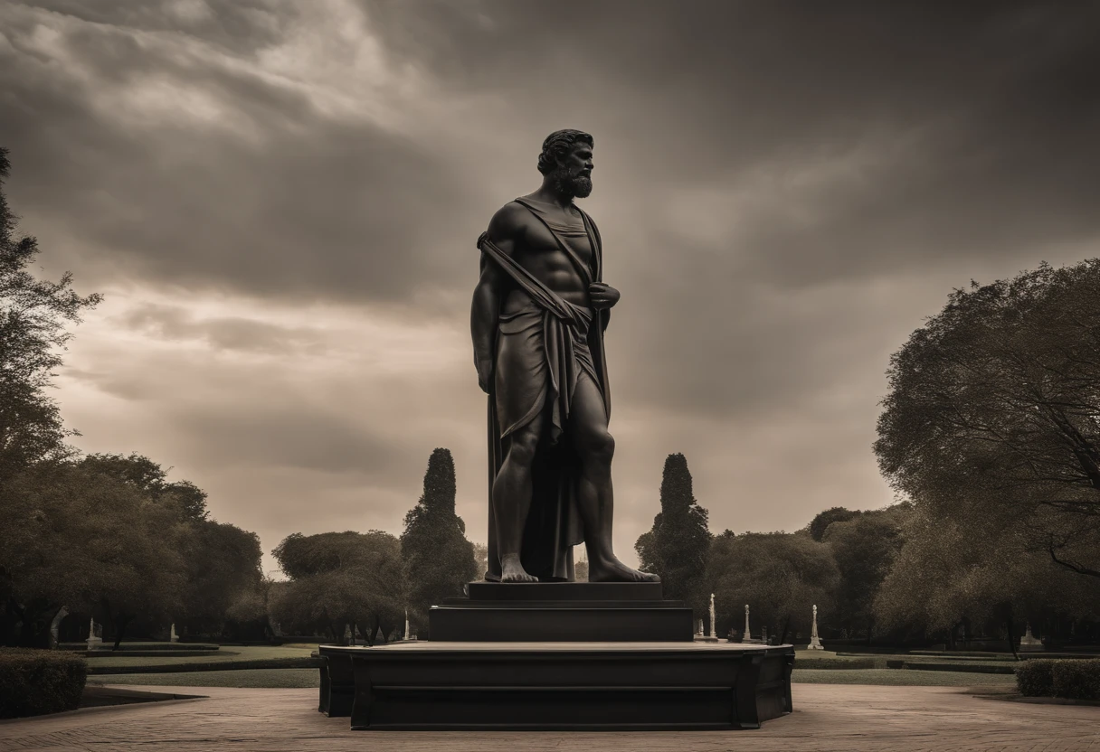 Statue resembling full-length Seneca statues, strong with impression of anger and hatred, obra-prima) (8k high resolution) (melhor qualidade) (Ultra Definition) (Ultra realista)(Foto RAW) (Foto realista) (imagem escuro) (Dark statue, cor escura, ferozmente irritado e agressivo, Demonstration of muscle and strength, olhos expressivos ferozes, HDR, 8k