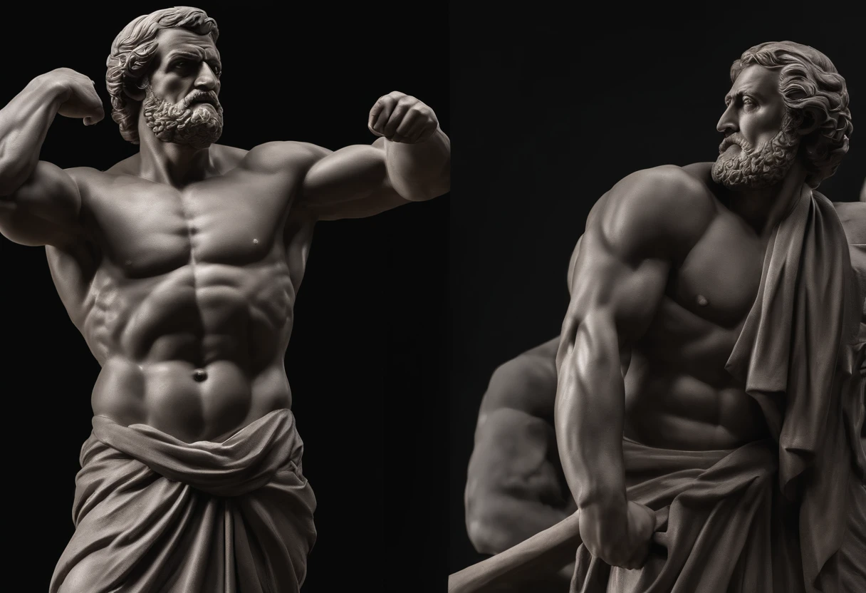 Statue resembling full-length Seneca statues, strong with impression of anger and hatred, obra-prima) (8k high resolution) (melhor qualidade) (Ultra Definition) (Ultra realista)(Foto RAW) (Foto realista) (imagem escuro) (Dark statue, cor escura, ferozmente irritado e agressivo, Demonstration of muscle and strength, olhos expressivos ferozes, HDR, 8k