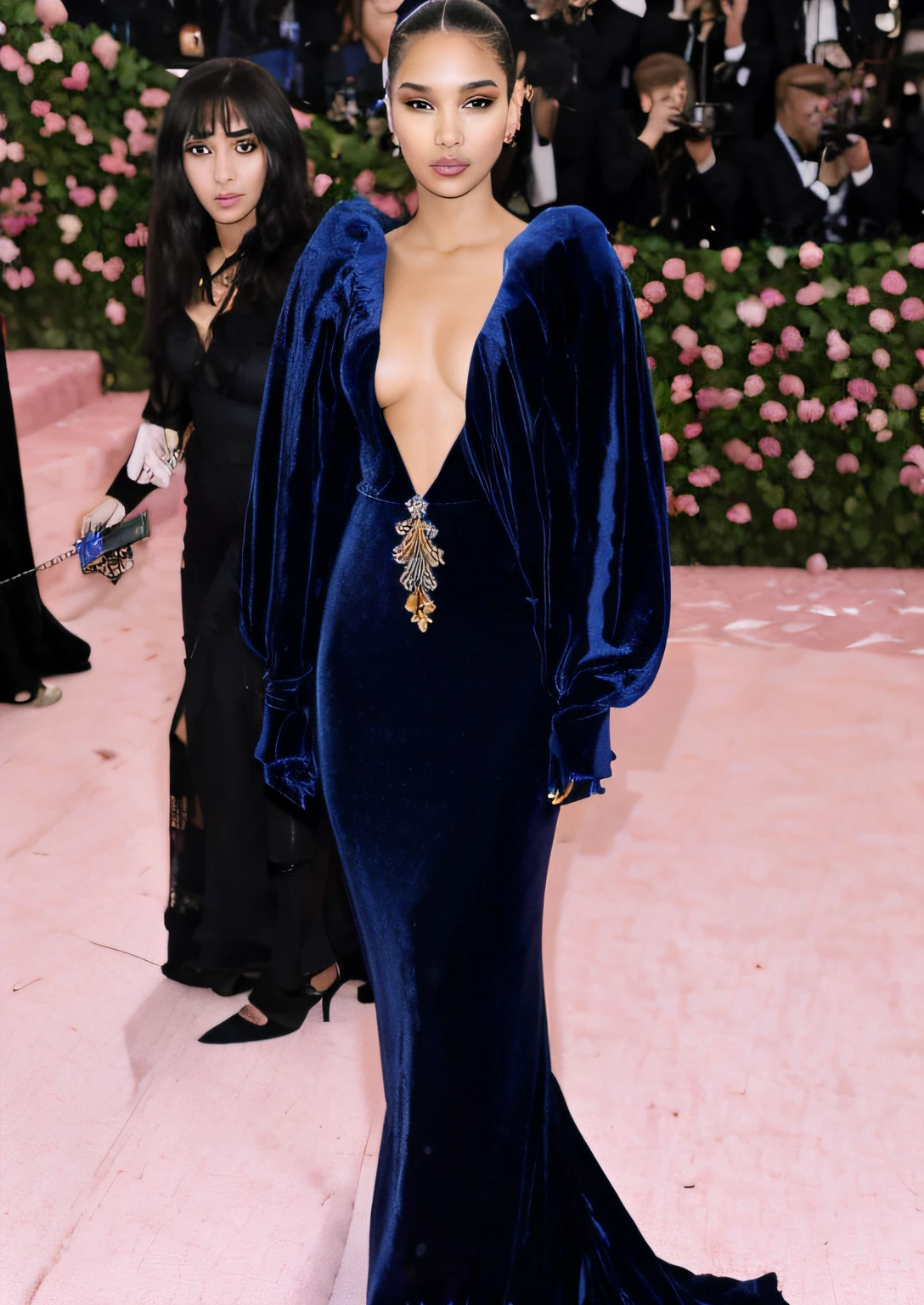 a woman in a blue velvet gown and jewels on her neck, met gala, zendaya, zoë kravitz, “zendaya, cardi b, bella hadid, vera wang couture, christian dior style, dark blue, voluminous sleeves, full body length, olivia culpo, ny, j - lo, halle berry, style is a blend of æon flux