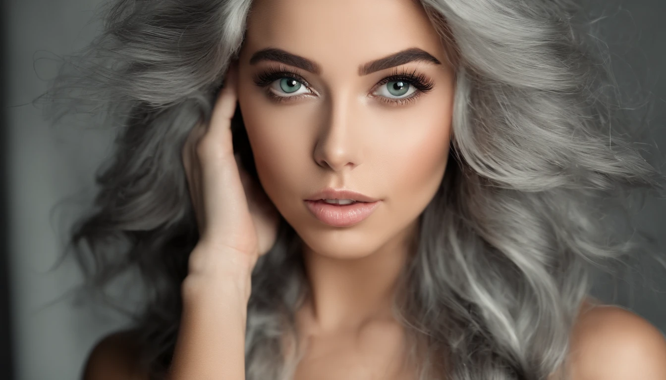 Woman in white tank top and ripped jeans, Sexy girl with green eyes, Portrait of Sophie Mudd, (Big Eyes:1.2 ), (Subtle turquoise eyes), (Voluminous gray hair:1.8), (Silver-haired hair), (large eyes), (Silver-haired hair), (large eyes), (Silver-haired hair), (large eyes), Selfie of a young woman, without makeup, natural makeup, Straight Looking at the Camera, Faces with artgrams, Subtle makeup, Amazing full-body shots, Pierced green eyes, Beautiful angles, attractive pose, Cute Girl, Sexy Pose, full body photograph, s whole body, full body shooting, Brunette Goddess, High Detail, Satisfying pose