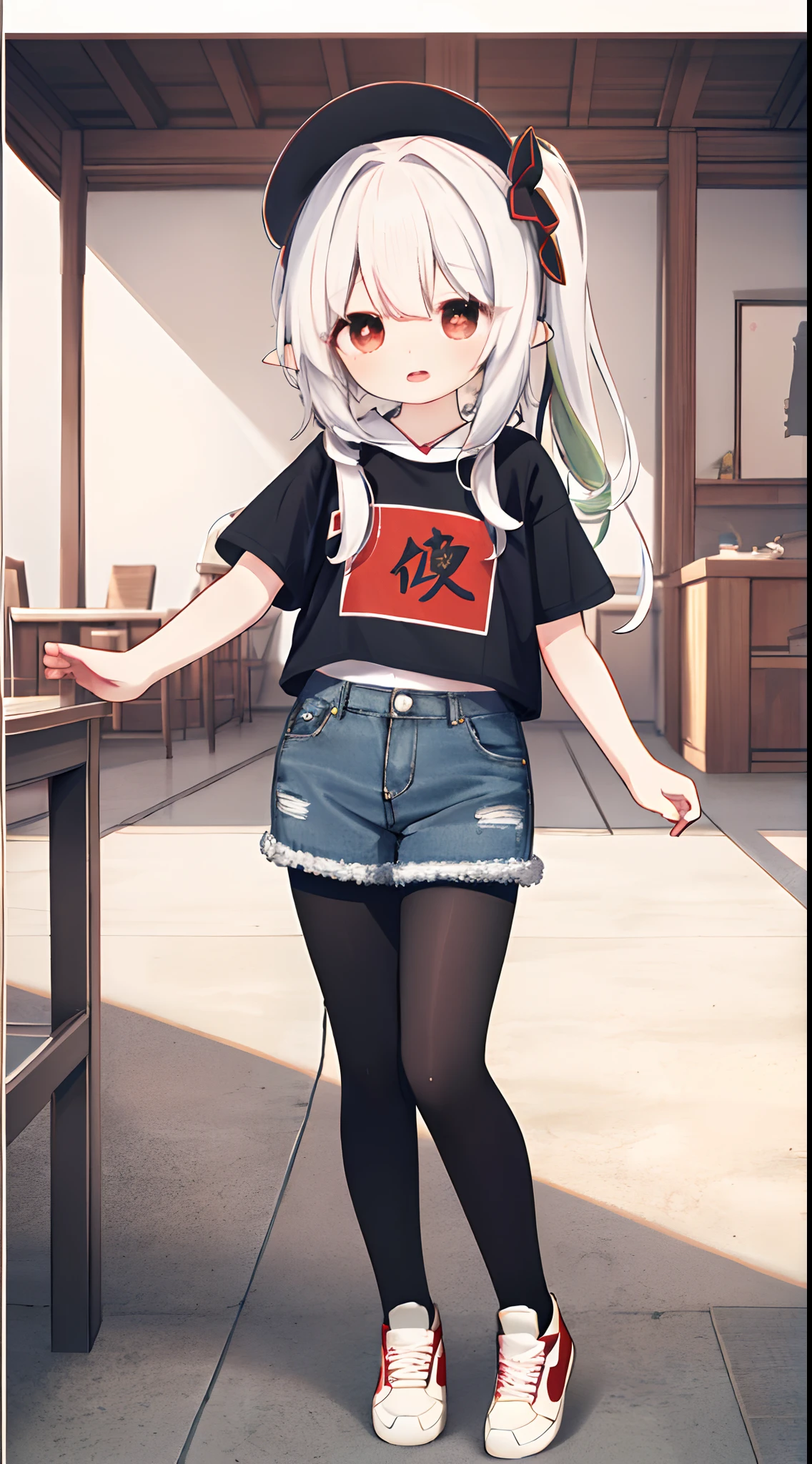 1girll, Solo, redheadwear，red eyes, Long hair, dual horsetail，shirt, Open mouth, astonishment，shyexpression，red colour，tee shirt，shirt。Red Chinese knot sweatshirt，Hood,  view the viewer, kazami yuuka,  Open clothes, bangs,denim short，lacepantyhose，athletic sneakers，Full body photo