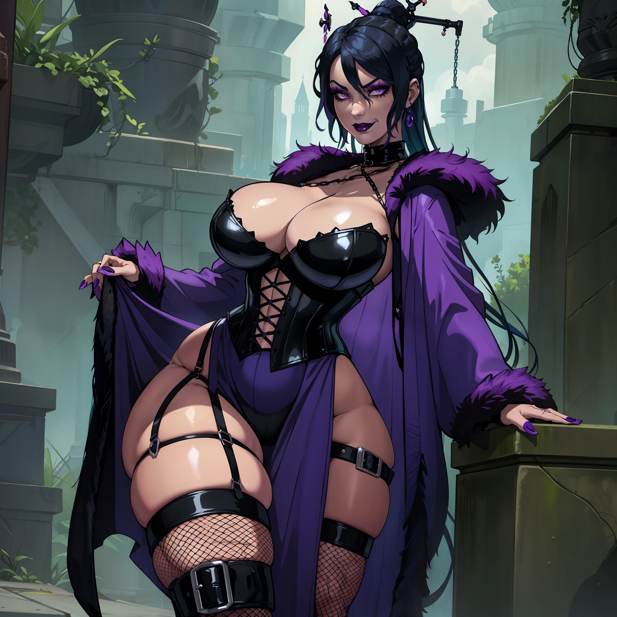 thicc Gothic female wearing sexy fur lined robe with sexy purple dress under it, has blue hair, thicc, wearing fishnets, nsfw, lewd, black lipstick, dominatrix aesthetic, BDSM gear, dominant, evil, sensual grin, wearing corset with bustier, rivets, wearing thigh high combat boots, solo, alone, (SOLO)(ALONE)