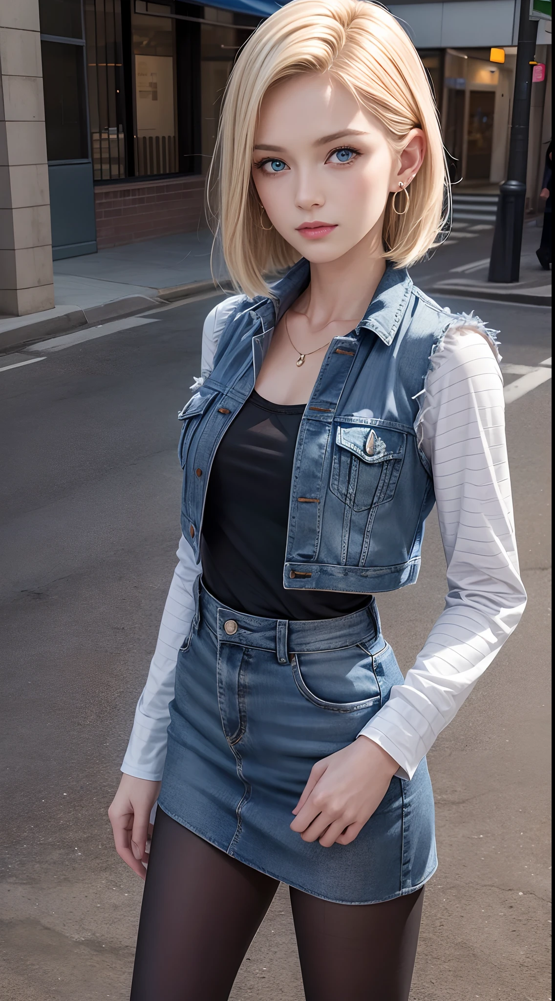 Best Quality, hight resolution, and18, 1girl in, Android 18, Solo, Blonde hair, Blue eyes, Short hair, kindly smile,earrings, Jewelry, Denim Vest, open vest, Black pantyhose, Black shirt, Jeans miniskirt, Striped long sleeves, Blue skirt, medium breasts, Cowboy Shot, Street, (Externally expanded Chest: 1.2)