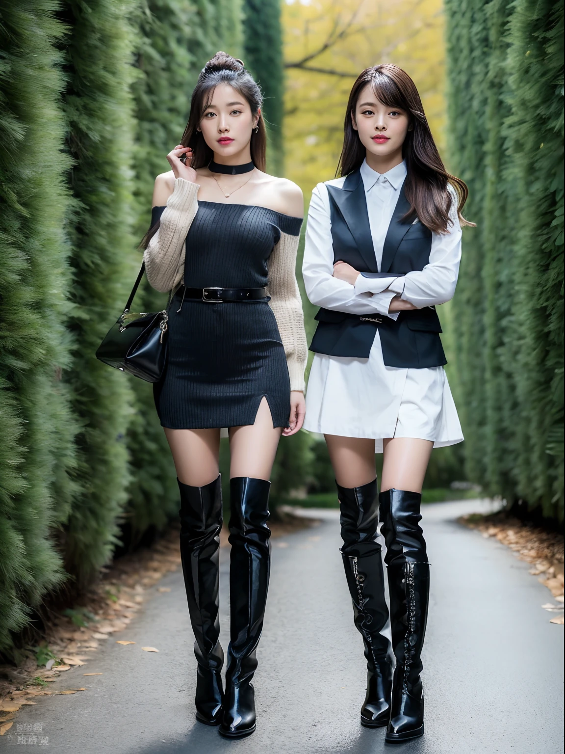(RAW photo:1.2), (Photorealistic:1.4),Beautiful detailed woman,very detailed eyes and faces, A detailed eye, ultra - detailed, A high resolution, The is very detailed,best qualtiy,illustratio,unified,8k 壁纸,tmasterpiece,best qualtiy,A group of girls stood side by side，full bodyesbian，multipel Girls，Boots，thigh high，thigh boots，high-heels，brown  hair，2girls，high heels boots，shift dresses，thongs，jewely，无袖，Black shoes，long whitr hair，looking at viewert，a garter belt，gyuru，Black leather belt，exteriors，Sweaters，short  skirt，a skirt，white dresses，buliding