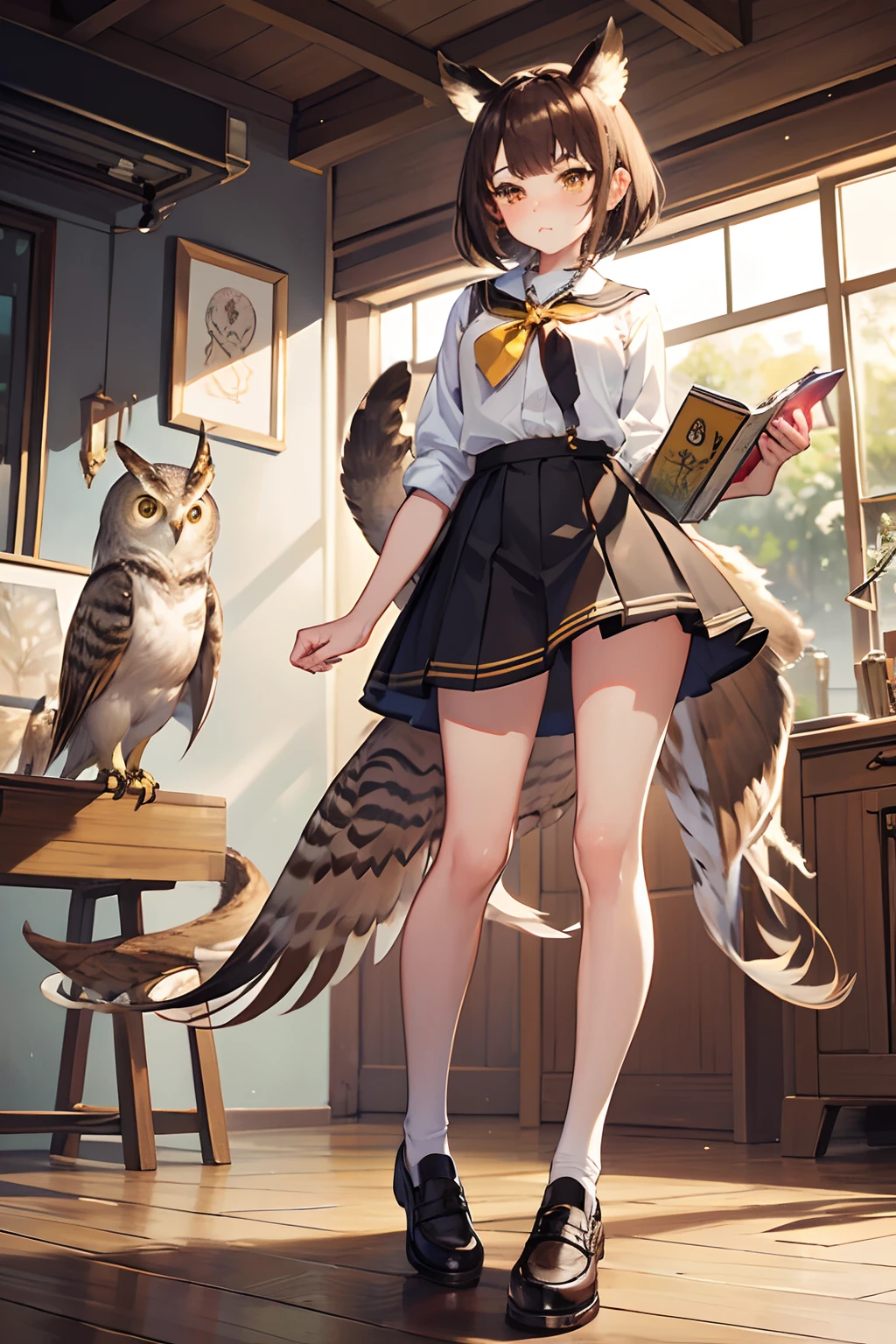 (simplistic),full body view,intricate details,(best quality),(masterpiece:1.2),(detailed:1.2),(sharp focus), (brown short hair), big yellow eyes, owl girl, owl tail, owl hybrid, owl ears, brown fur, fur on arms, cartoon style, cute, big owl eyes, casual clothes, high school clothes, white shirt, red tie, navy skirt, (pout), (pouting face), school background