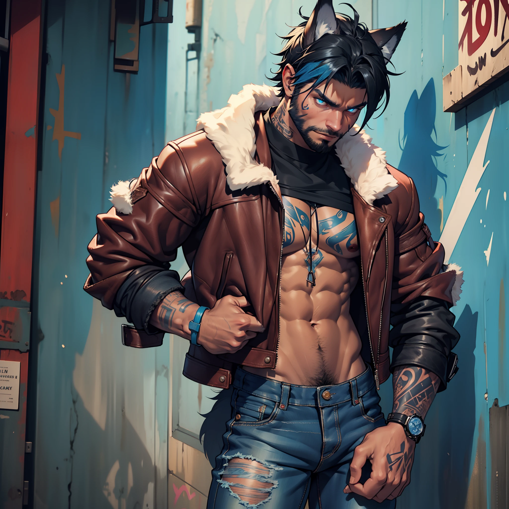 bad attitude, brooding, lowered head, masculine with short beard, body hair, ((dark tanned skin)), bulge, short cropped ombre hair, ((has wolf ears)), ((has wolf tail)), smoky grunge punk graffiti, bulge, wearing ((skintight black denim)) pants, sagging low on his hips, ((he is solo, he is alone)), has detailed glowing blue eyes, covered in ((blue tattoos)), wearing bandana and leather wrist bands, ((wearing a red shearling jacket)), muscular thighs