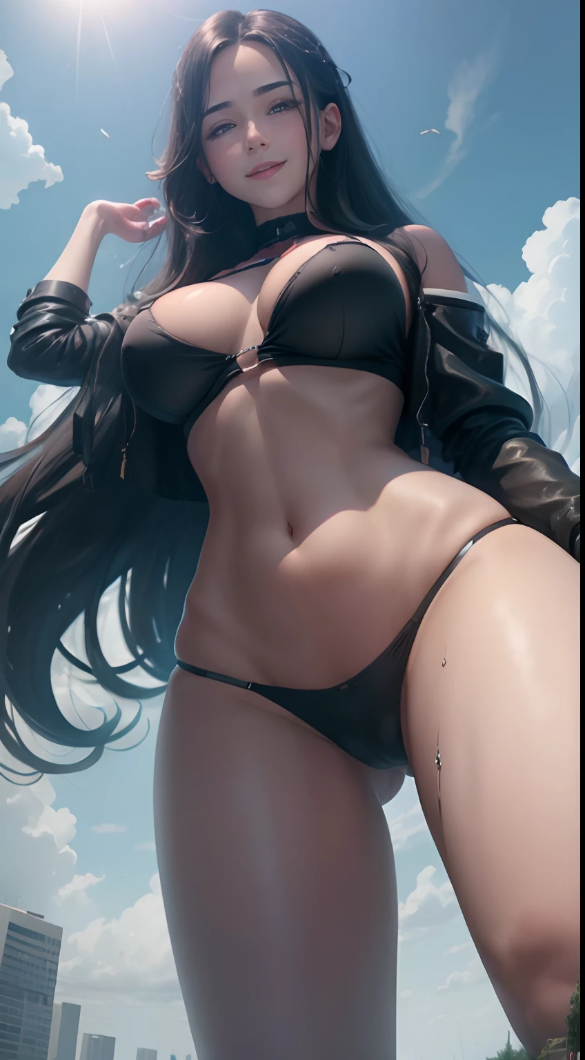 A giantess, black_hair, blue_sky, bra, breasts, cloud, day, from_below, frontage，large_breasts, smile，long_hair, looking_at_viewer, outdoors, sky, solo, upper_body, wet,a giantess