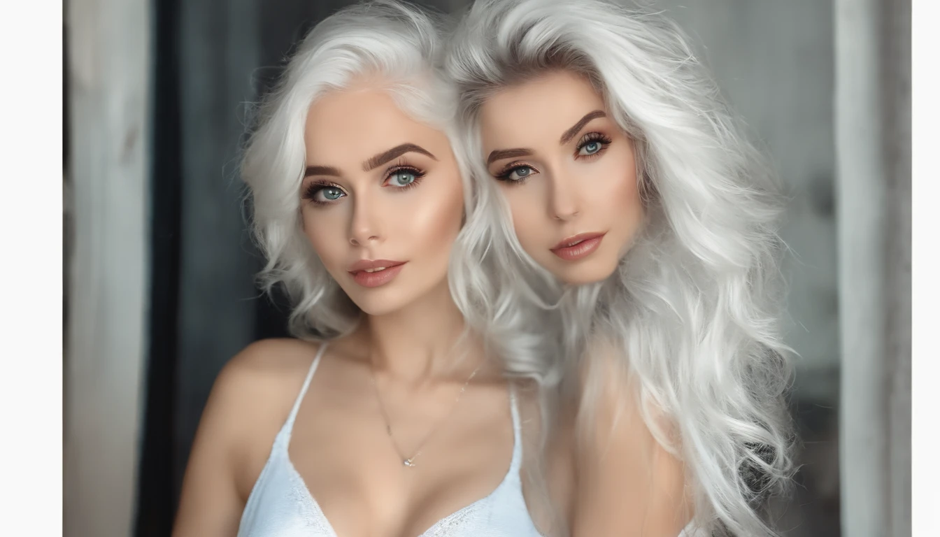 A beautiful woman with white hair and white eyelashes, com o rosto perfeito, e olhos escuros, pele clara, and fleshy lips, linda, bela, sedutora e com roupas do estilo mafia