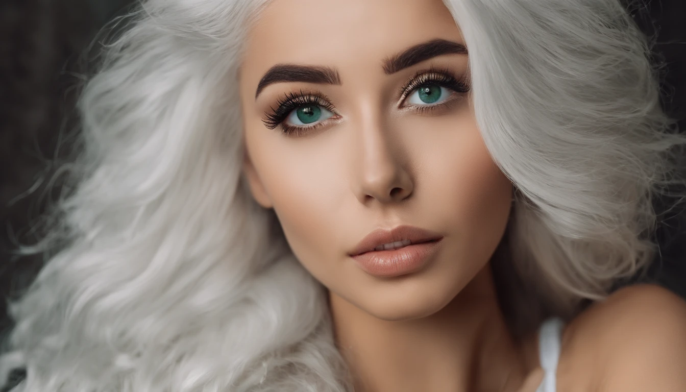 Woman in white tank top and ripped jeans, Sexy girl with green eyes, Portrait of Sophie Mudd, (Big Eyes:1.2 ), (Subtle turquoise eyes), (Voluminous white hair:1.8), (Silver-haired hair), (large eyes), (Silver-haired hair), (large eyes), (Silver-haired hair), (large eyes), Selfie of a young woman, without makeup, natural makeup, Straight Looking at the Camera, Faces with artgrams, Subtle makeup, Amazing full-body shots, Pierced green eyes, Beautiful angles, attractive pose, Cute Girl, Sexy Pose, full body photograph, s whole body, full body shooting, Brunette Goddess, High Detail, Satisfying pose