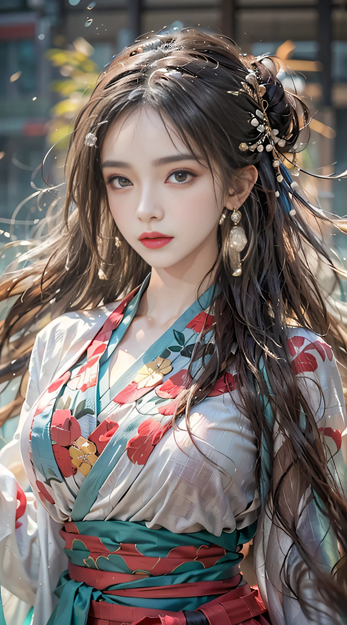 Photorealistic, high resolution, Colorful, colored splashing, Splash, 1 girl, Solo, Hips up, Beautiful eyes, Long hair, Medium breast, Intricate damask hanfu, Gorgeous accessories, Wearing pearl earrings