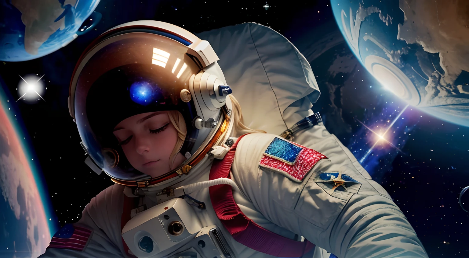 female astronaut floating in space, her eyes open halfway, she has a space suit on and a space helmet, you can see her eyes open halfway wearing headphones with the helmet on, blond hair, stars in the background are twinkling, planets in the background are rotating, opening eyes