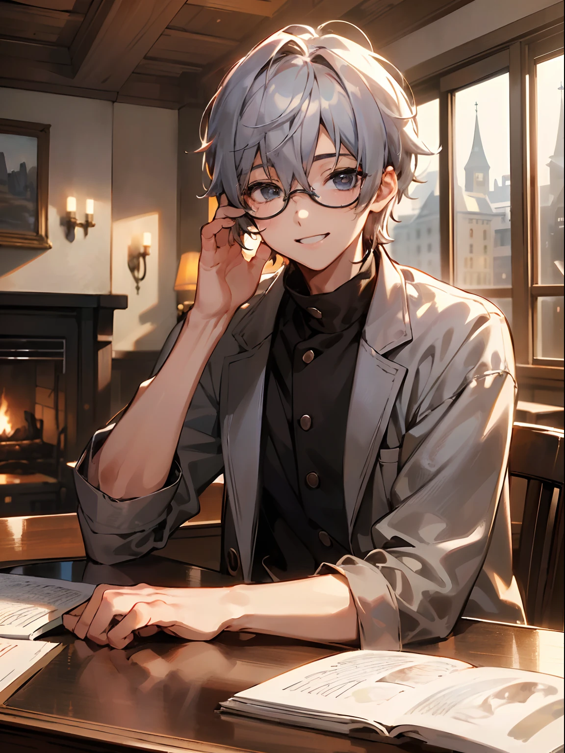 (Male child, eye glasses,A smile, silber hair，The upper part of the body),(((​masterpiece)))、(((top-quality)))、((ultra-definition))、(High Definition CG Illustration)、Very cozy cafeteria lounge with cozy décor with fireplace、mont々Comfortable climate to relax on the glass wall overlooking the landscape