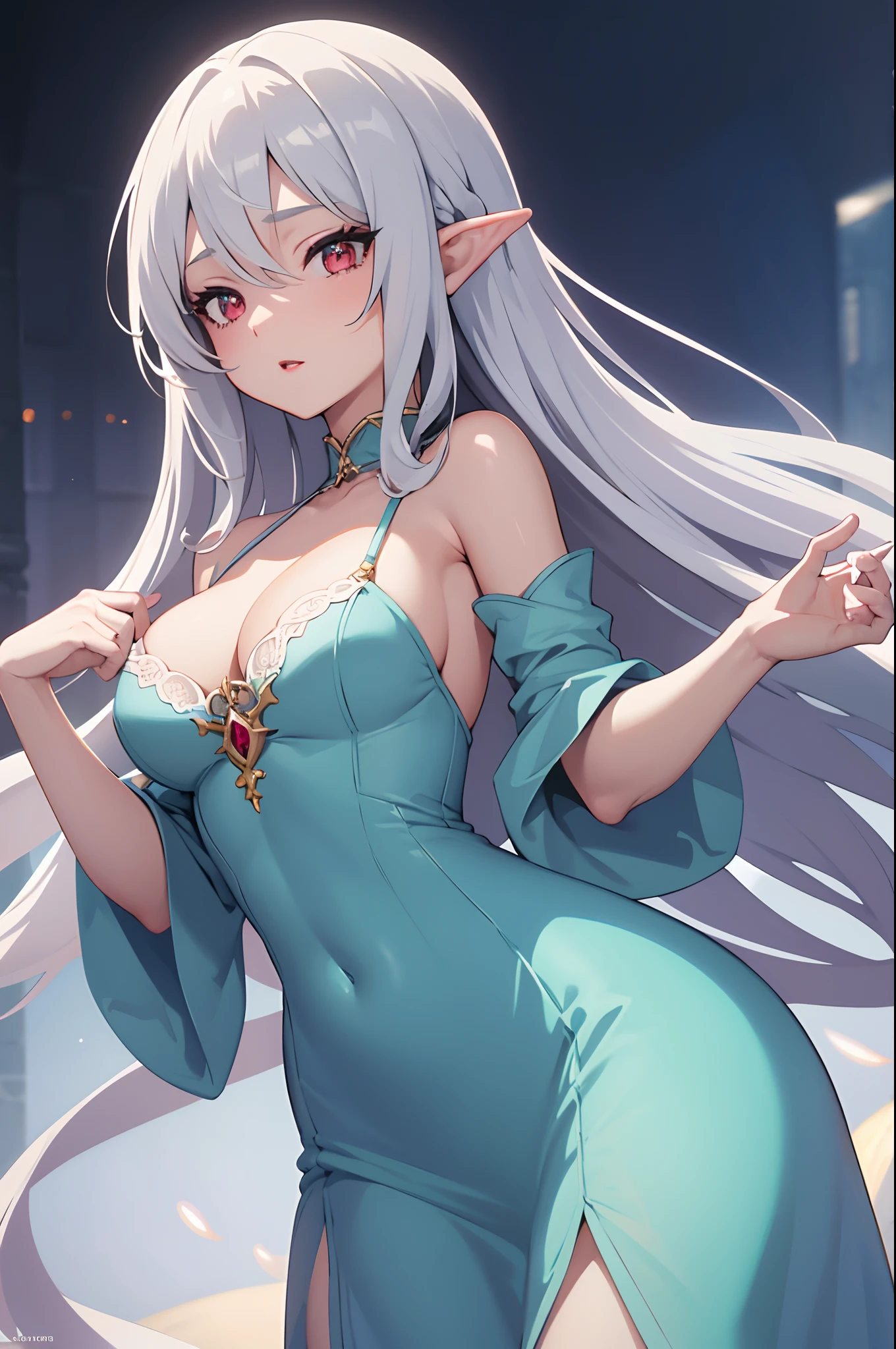1girl, anime, cute girl, elf, blank background, white background, fantasy, detailed dark fantasy dress with highlights, beautiful face, beautiful eyes, dark colors, medium breasts, slight cleavage, beautiful skin, cute, silver hair, red eyes, breast curtains, extremely delicate and beautiful, (beautiful detailed face:1.0), (detailed deep eyes), symmetrical breasts, deep eyes, shiny skin, portrait, slender waist, hips wider than shoulders, thighs, young girl