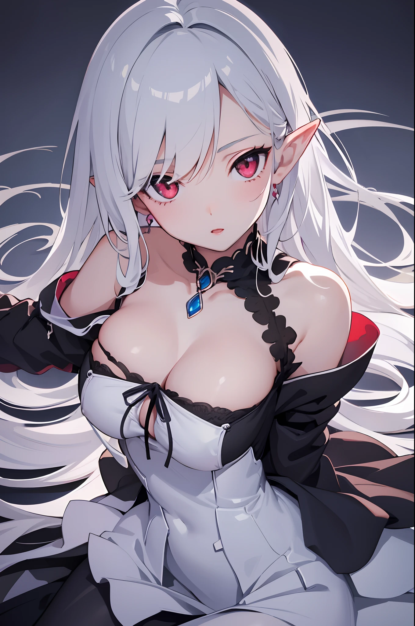 1girl, anime, cute girl, elf, blank background, white background, fantasy, detailed dark fantasy dress with highlights, beautiful face, beautiful eyes, dark colors, medium breasts, slight cleavage, beautiful skin, cute, silver hair, red eyes, breast curtains, extremely delicate and beautiful, (beautiful detailed face:1.0), (detailed deep eyes), symmetrical breasts, deep eyes, shiny skin, portrait, slender waist, hips wider than shoulders, thighs, young girl