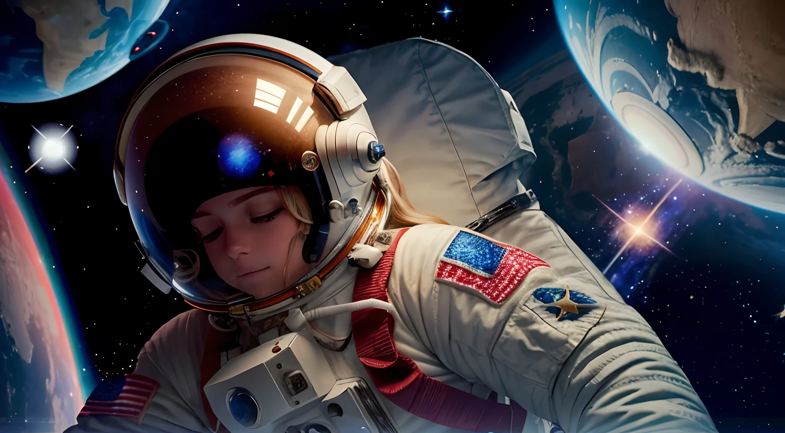 female astronaut floating in space, her eyes open halfway, she has a space suit on and a space helmet, you can see her eyes open halfway wearing headphones with the helmet on, blond hair, stars in the background are twinkling, planets in the background are rotating, opening eyes, a star starts to go supernova in the background