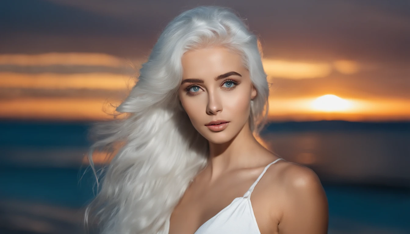 Woman in white tank top and ripped jeans, Sexy girl with green eyes, Portrait of Sophie Mudd, (Big Eyes:1.2 ), (Subtle turquoise eyes), (Voluminous white hair:1.8), (Silver-haired hair), (large eyes), (Silver-haired hair), (large eyes), (Silver-haired hair), (large eyes), Selfie of a young woman, without makeup, natural makeup, Straight Looking at the Camera, Faces with artgrams, Subtle makeup, Amazing full-body shots, Pierced green eyes, Beautiful angles, attractive pose, Cute Girl, Sexy Pose, full body photograph, s whole body, full body shooting, Brunette Goddess, High Detail, Satisfying pose, seaside, waves, sunset