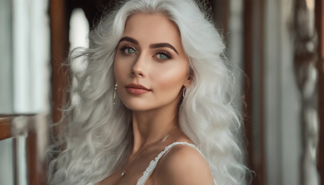 Woman in white tank top and ripped jeans, Sexy girl with green eyes, Portrait of Sophie Mudd, (Big Eyes:1.2 ), (Subtle turquoise eyes), (Voluminous white hair:1.8), (Silver-haired hair), (large eyes), (Silver-haired hair), (large eyes), (Silver-haired hair), (large eyes), Selfie of a young woman, without makeup, natural makeup, Straight Looking at the Camera, Faces with artgrams, Subtle makeup, Amazing full-body shots, Pierced green eyes, Beautiful angles, attractive pose, Cute Girl, Sexy Pose, full body photograph, s whole body, full body shooting, Brunette Goddess, High Detail, Satisfying pose, seaside, waves, sunset