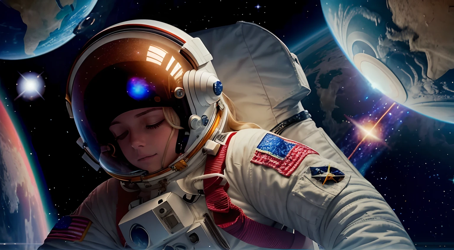 female astronaut floating in space, her eyes open halfway, she has a space suit on and a space helmet, you can see her eyes open halfway wearing headphones with the helmet on, blond hair, stars in the background are twinkling, planets in the background are rotating, opening eyes, a star goes supernova and explodes destroying 2 planets in the background