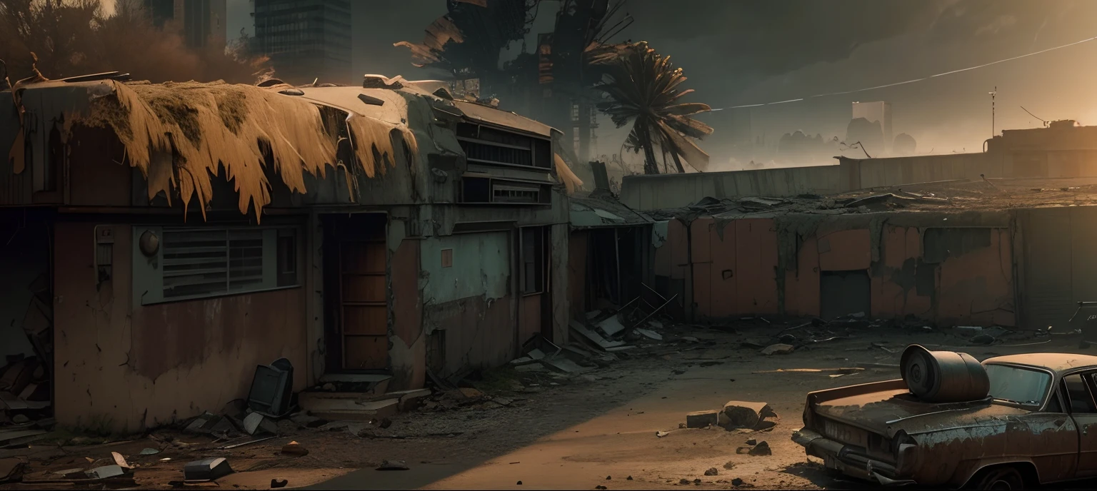 masterpiece), (best quality), (detailed), landscape resembling a fallout, post-apocalyptic environment, dark and atmospheric, cyberpunk and post-apocalyptic elements, desolate cityscape, crumbling buildings, abandoned vehicles, fog and darkness engulfing the scene, high-resolution 8k image, capturing the eerie and mysterious essence of a world transformed by catastrophe 4K