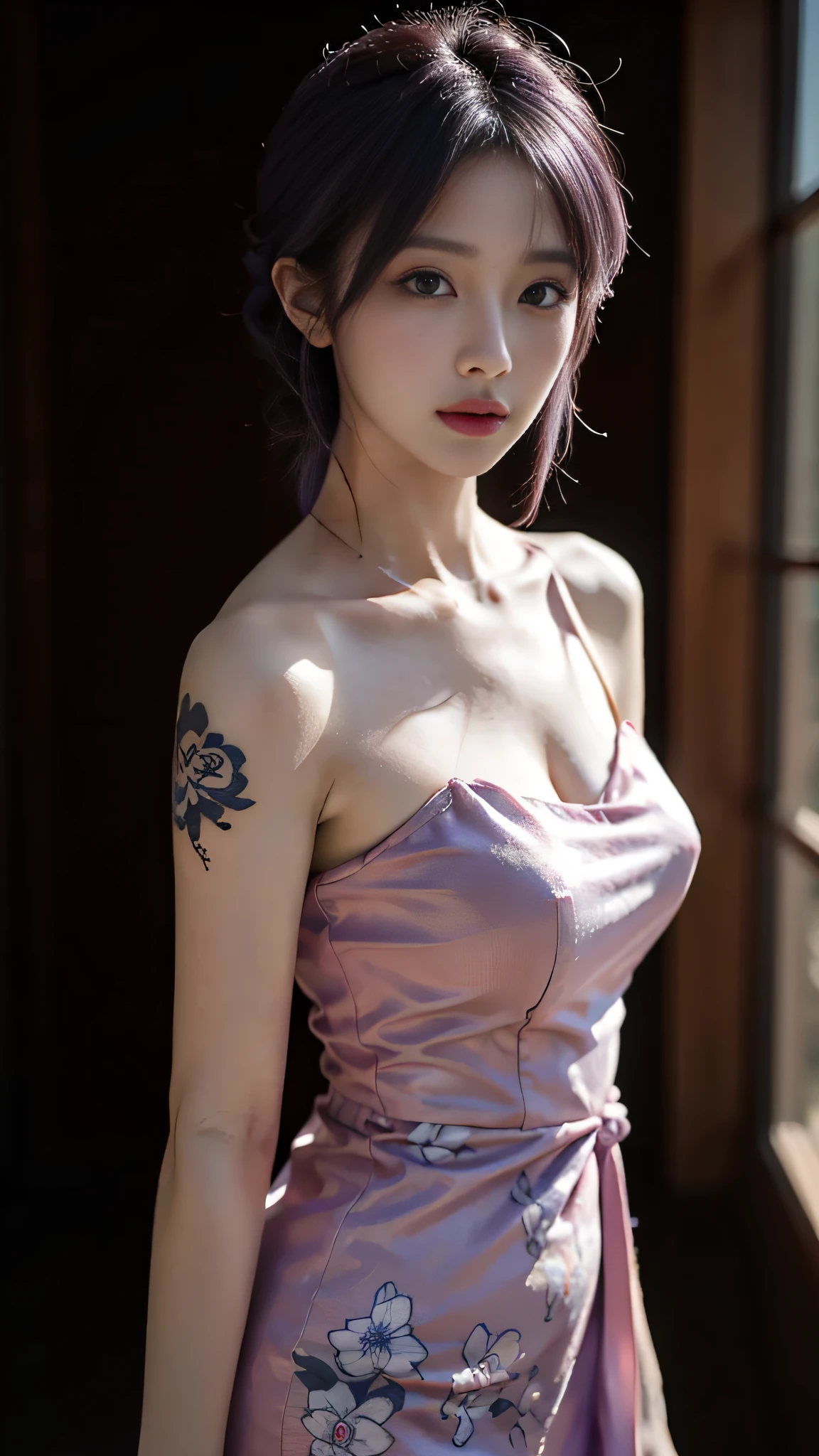 (very detailed background:1.0), (highly detailed background:1.0), (Masterpiece), High Quality, 1girl, woman, tattoo, irezumi, depth of field, dynamic lighting, high quality shadows, feminine, plunging neckline, breast curtains, Revealing clothes, , white dress, reze, purple hair