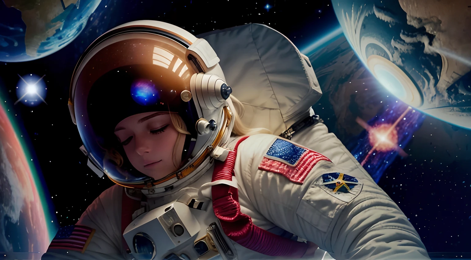 female astronaut floating in space, her eyes open halfway, she has a space suit on and a space helmet, you can see her eyes open halfway wearing headphones with the helmet on, blond hair, stars in the background are twinkling, planets in the background are rotating, opening eyes, a star goes supernova in the background